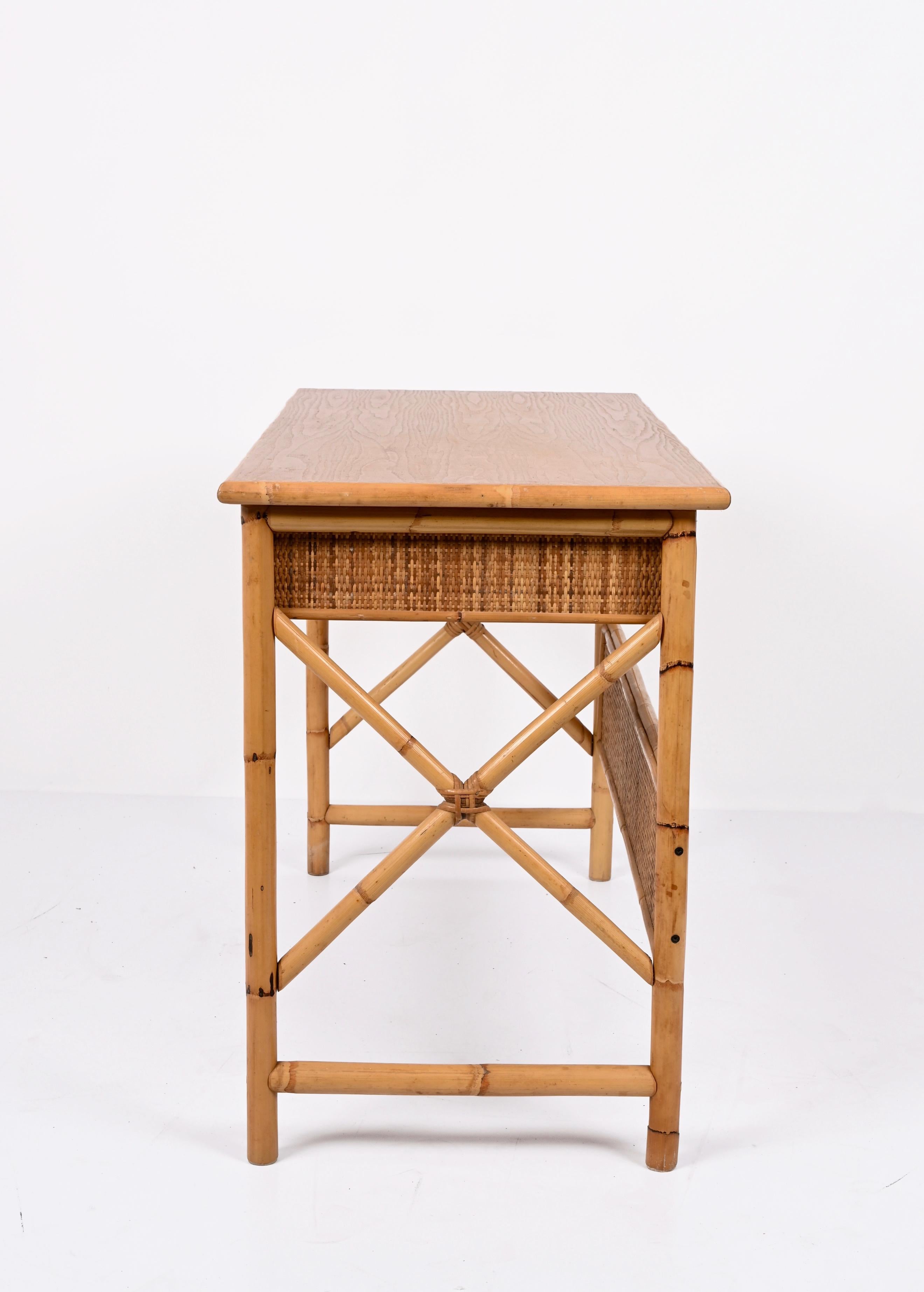 Midcentury Bamboo Cane, Ash Wood and Rattan Italian Desk with Drawers, 1980s 10