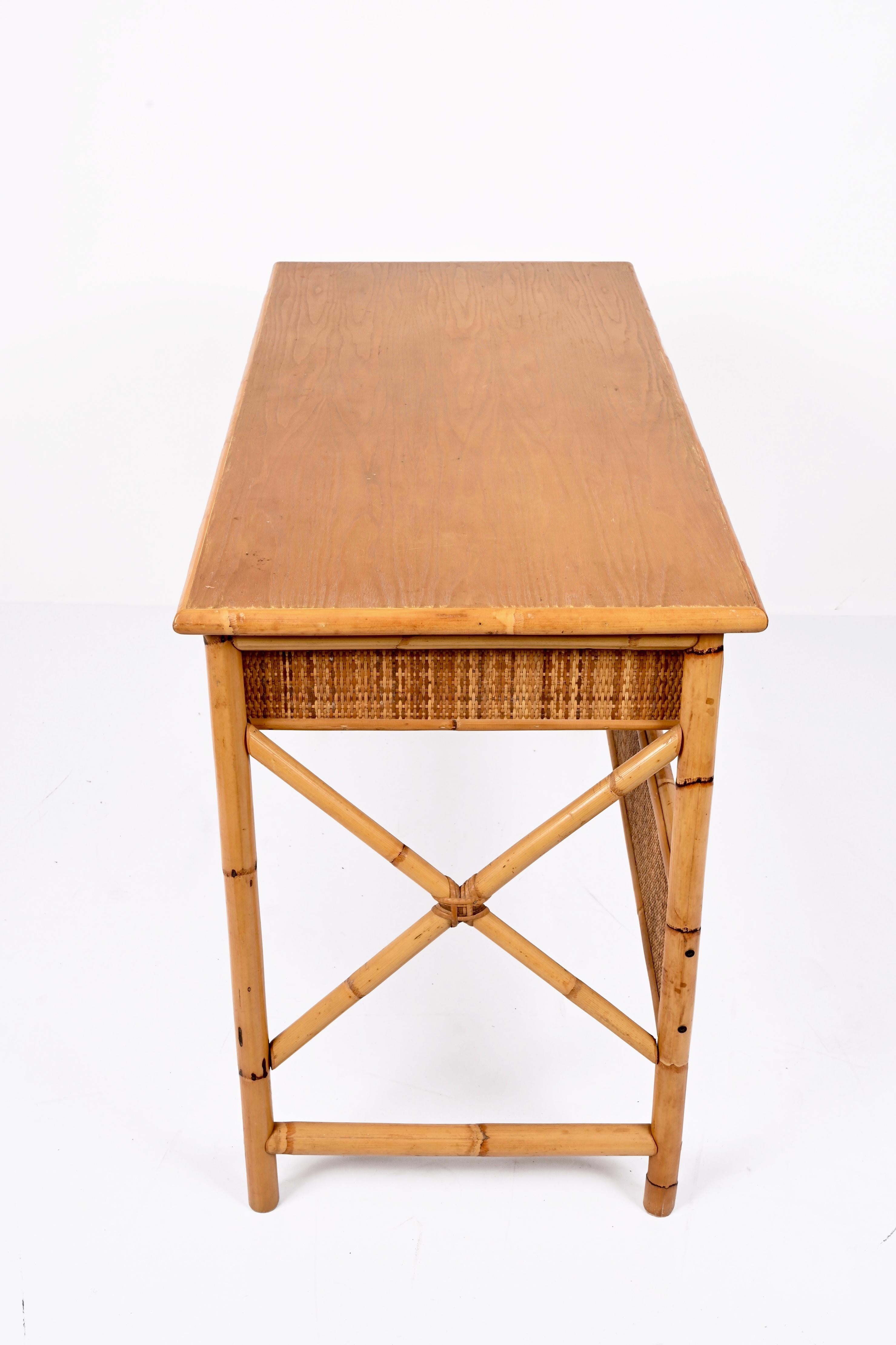 Midcentury Bamboo Cane, Ash Wood and Rattan Italian Desk with Drawers, 1980s 11