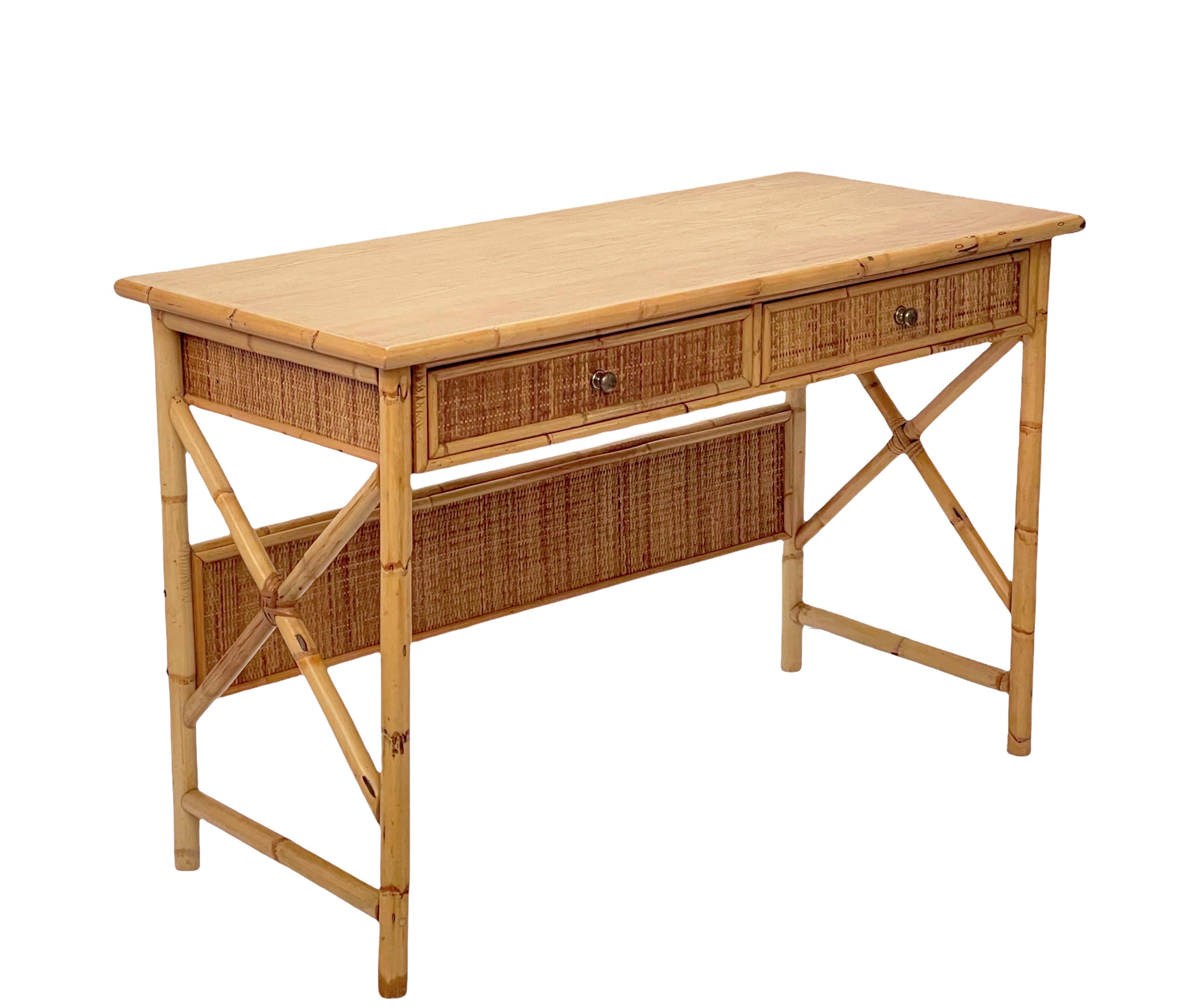 Midcentury Bamboo Cane, Ash Wood and Rattan Italian Desk with Drawers, 1980s 10