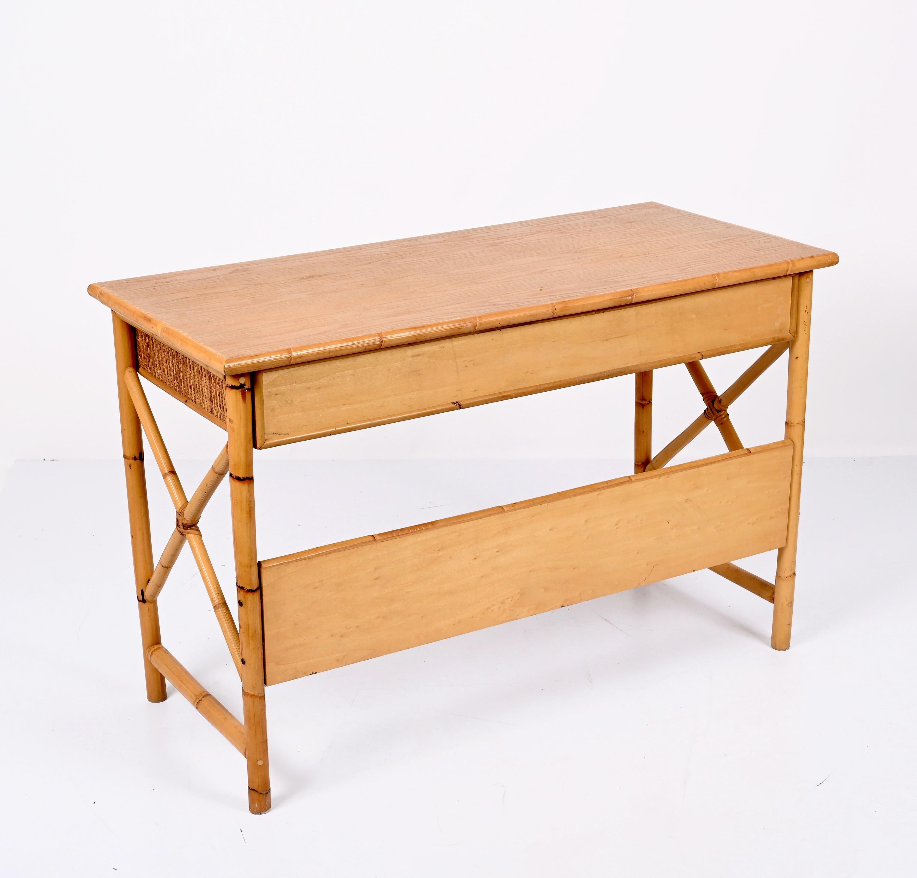 Midcentury Bamboo Cane, Ash Wood and Rattan Italian Desk with Drawers, 1980s 12