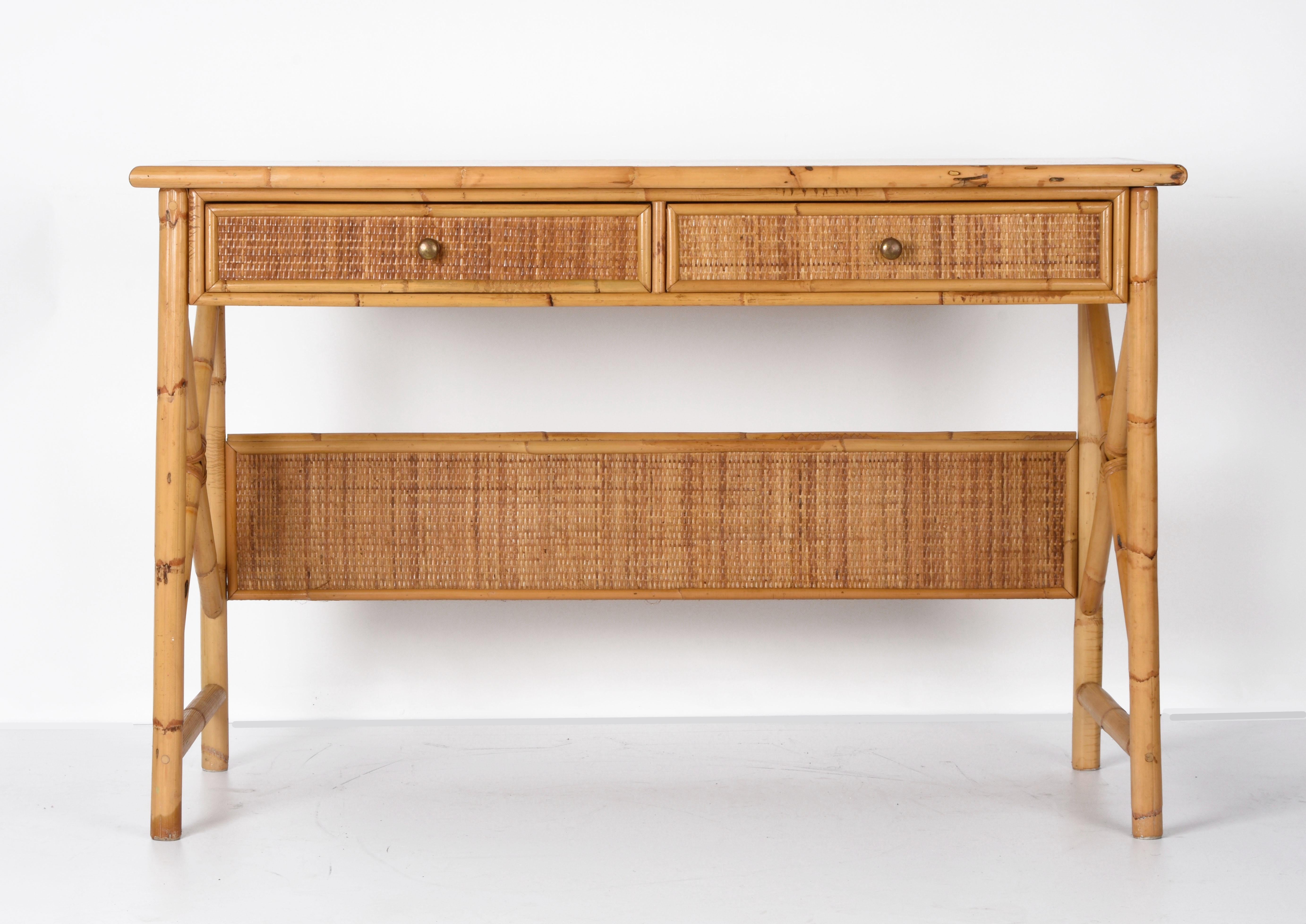 Amazing bamboo and wicker desk with mid century ash wood top with drawers. This wonderful piece was designed in Italy during the 1980s.

This desk is unique because of the materials, ash. bamboo and rattan are perfectly combined. The main