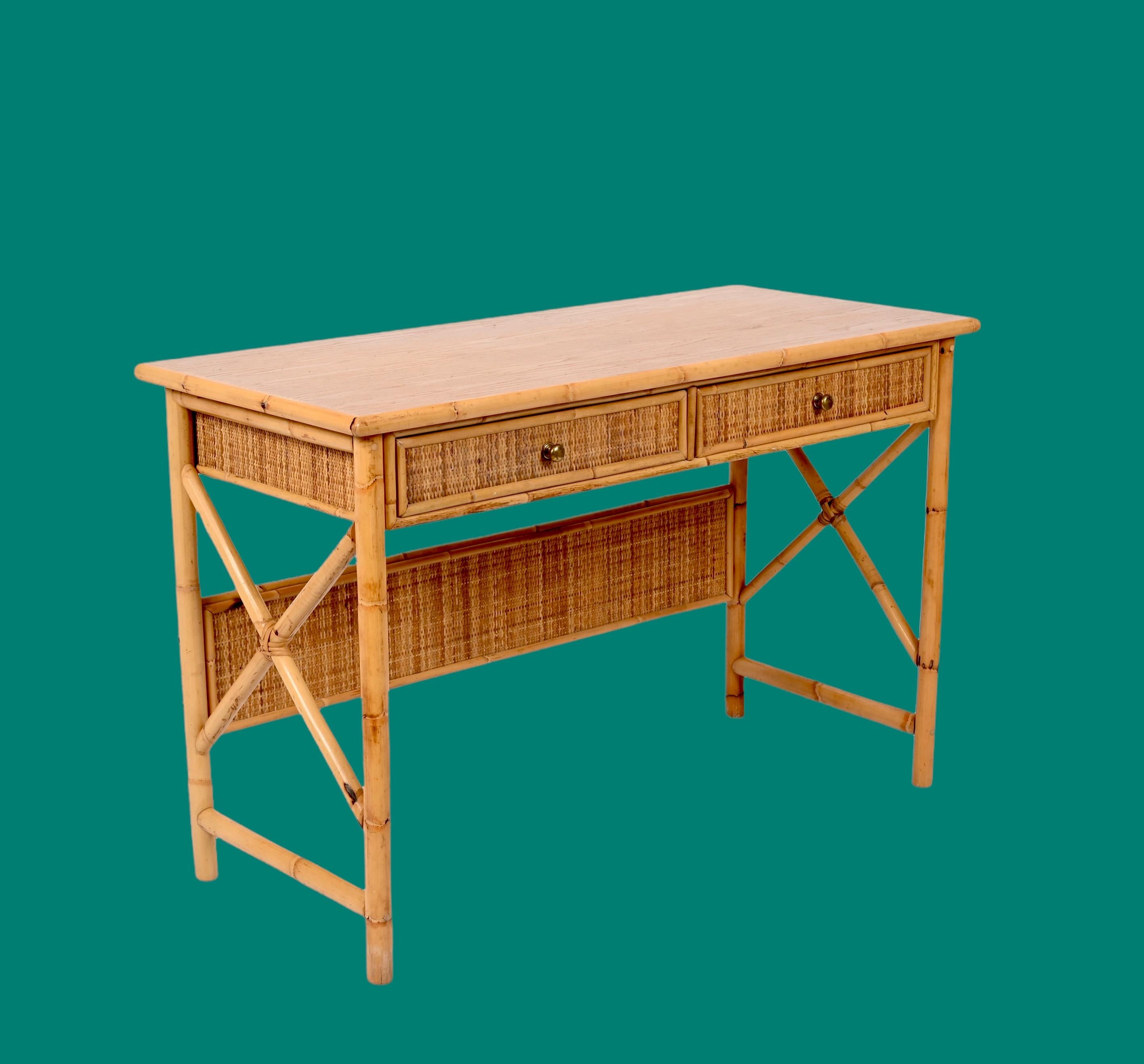 Midcentury Bamboo Cane, Ash Wood and Rattan Italian Desk with Drawers, 1980s In Good Condition In Roma, IT