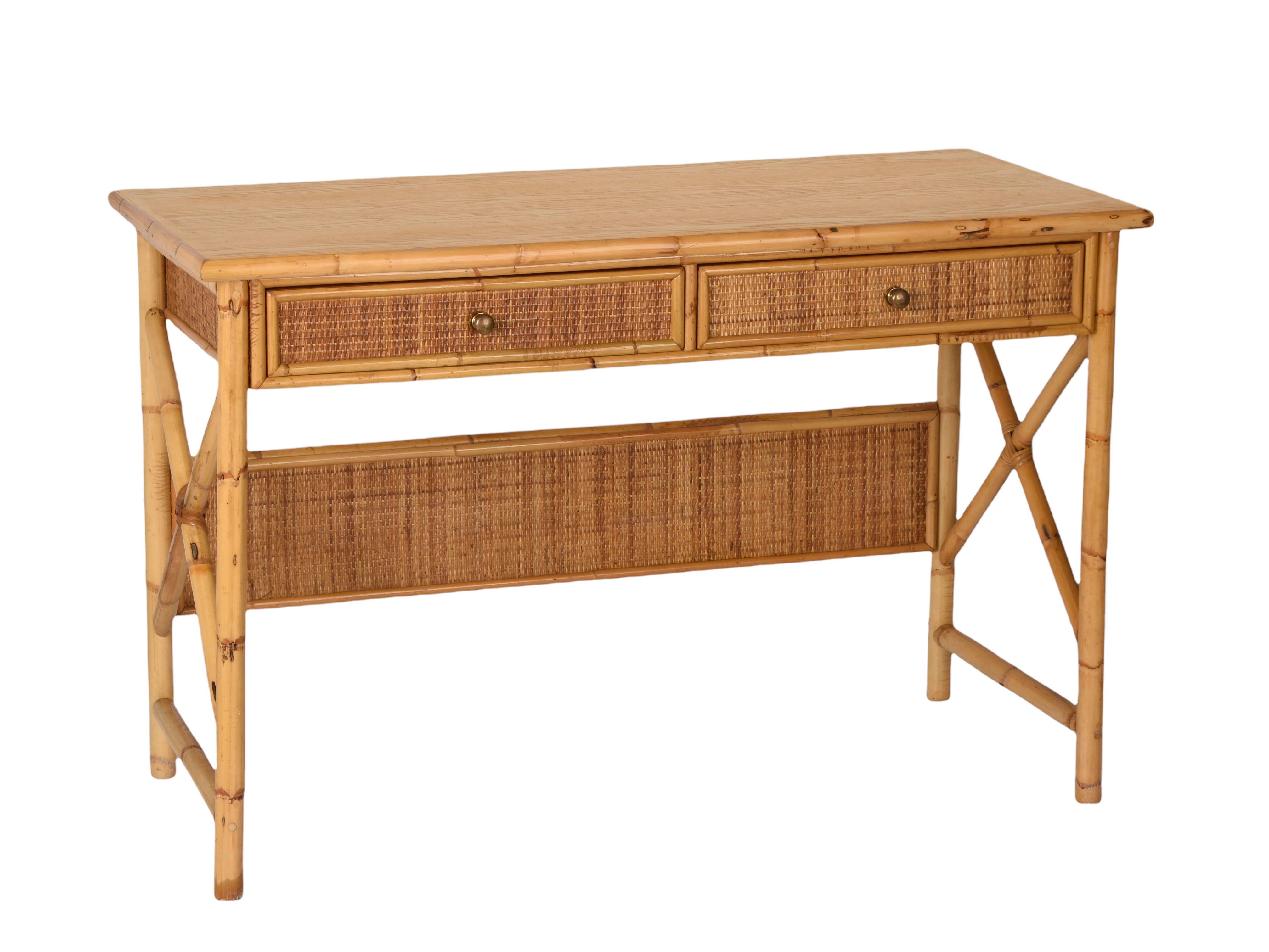 Mid-Century Modern Midcentury Bamboo Cane, Ash Wood and Rattan Italian Desk with Drawers, 1980s