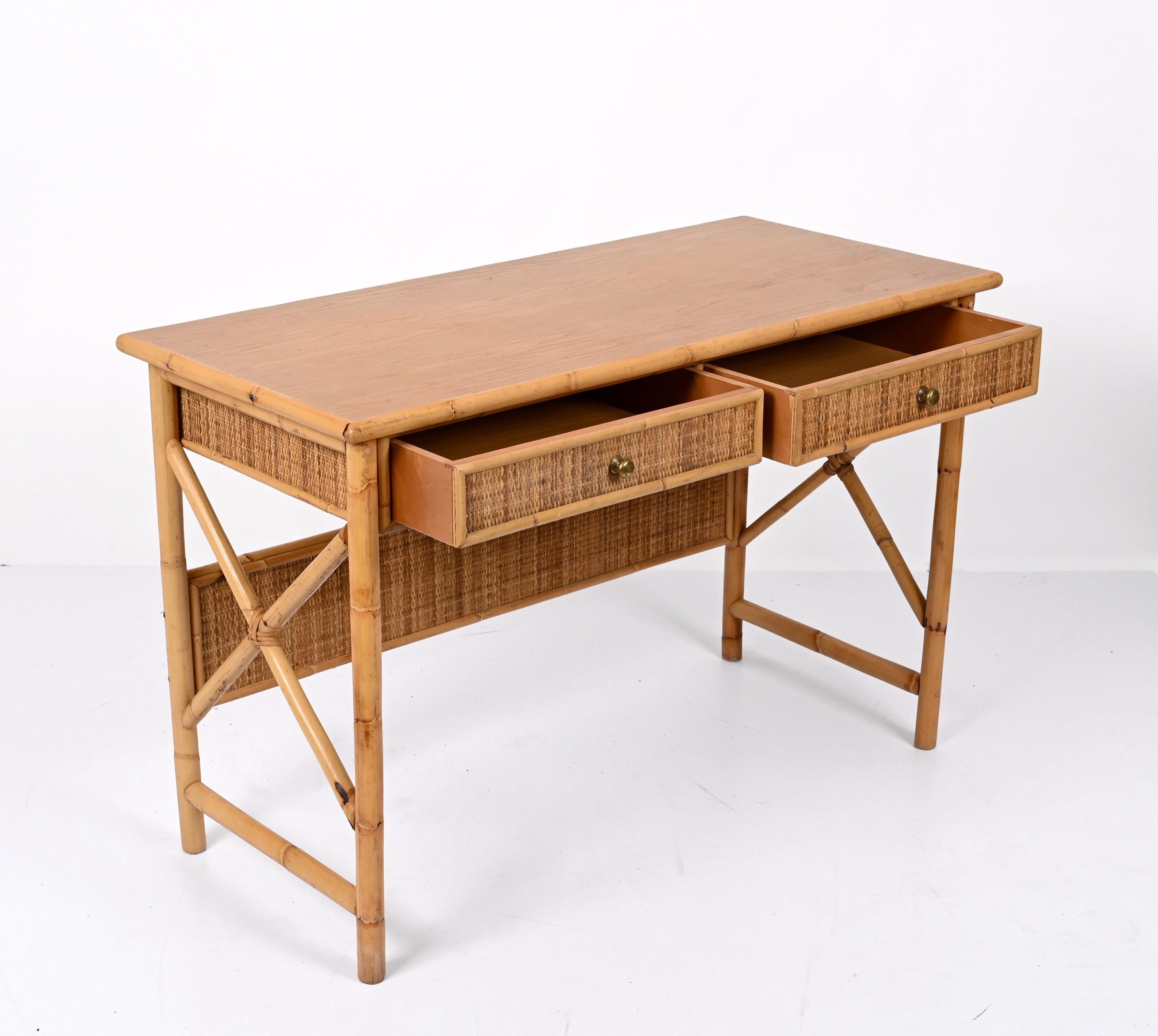 20th Century Midcentury Bamboo Cane, Ash Wood and Rattan Italian Desk with Drawers, 1980s