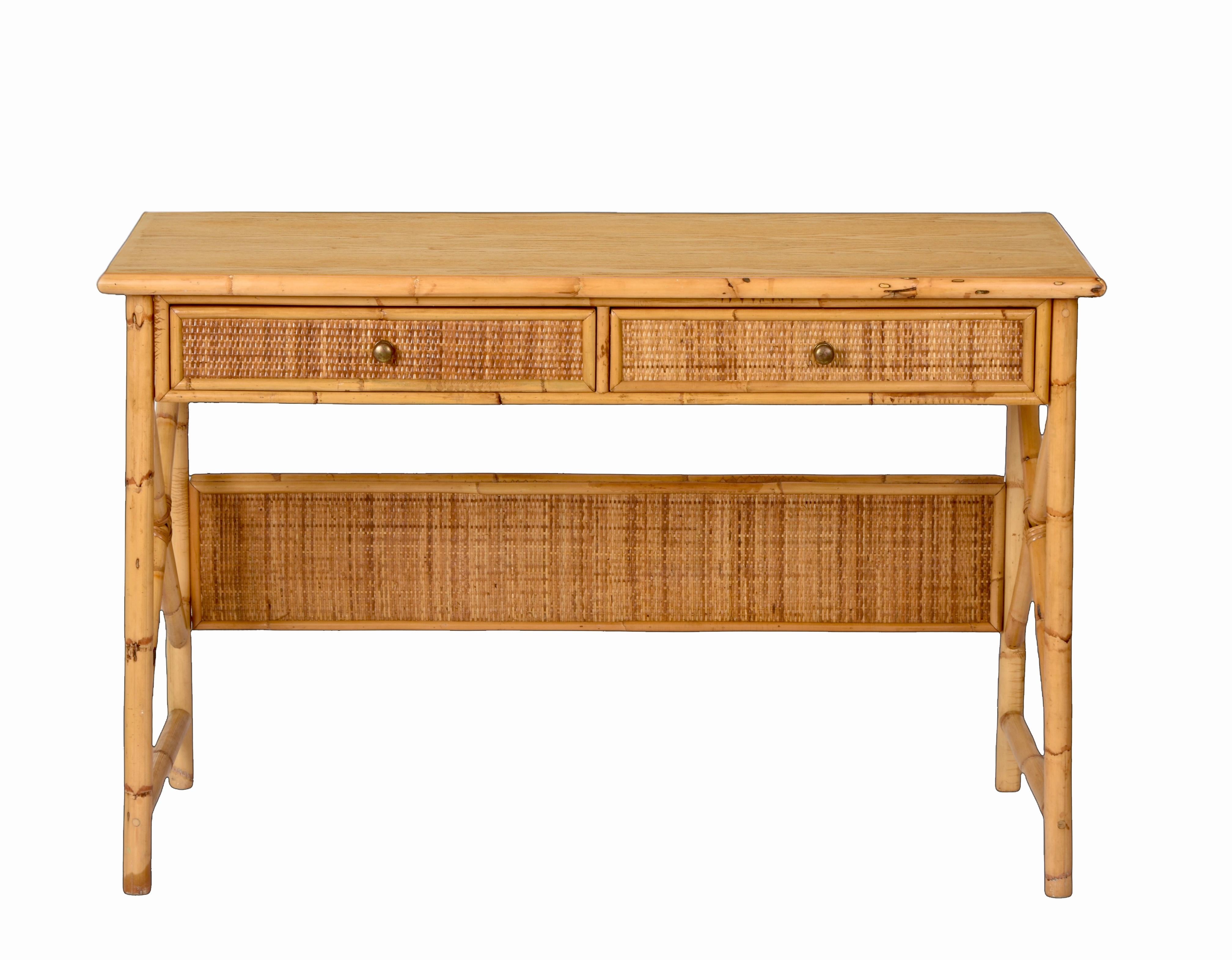 Midcentury Bamboo Cane, Ash Wood and Rattan Italian Desk with Drawers, 1980s In Good Condition In Roma, IT