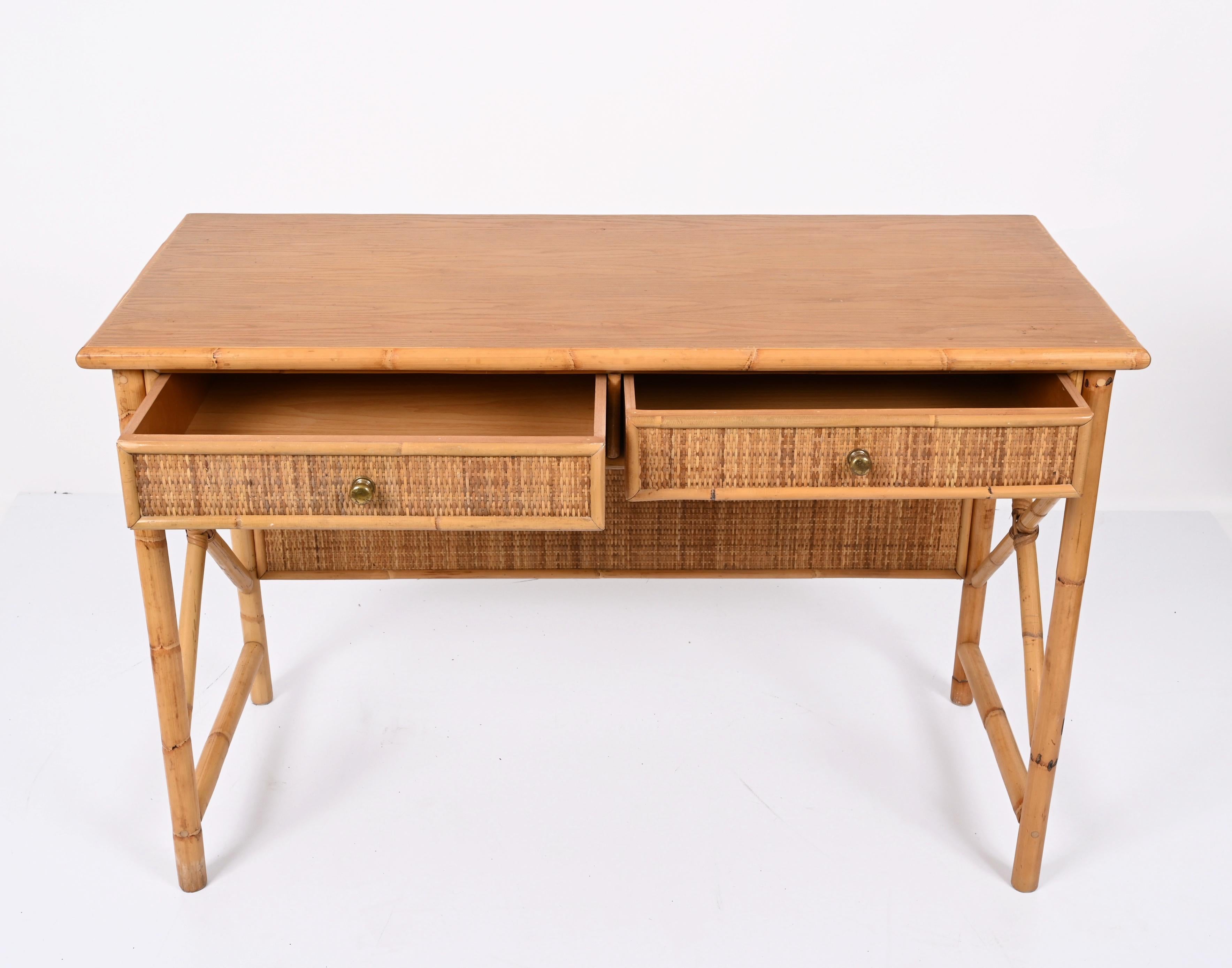 Midcentury Bamboo Cane, Ash Wood and Rattan Italian Desk with Drawers, 1980s 2