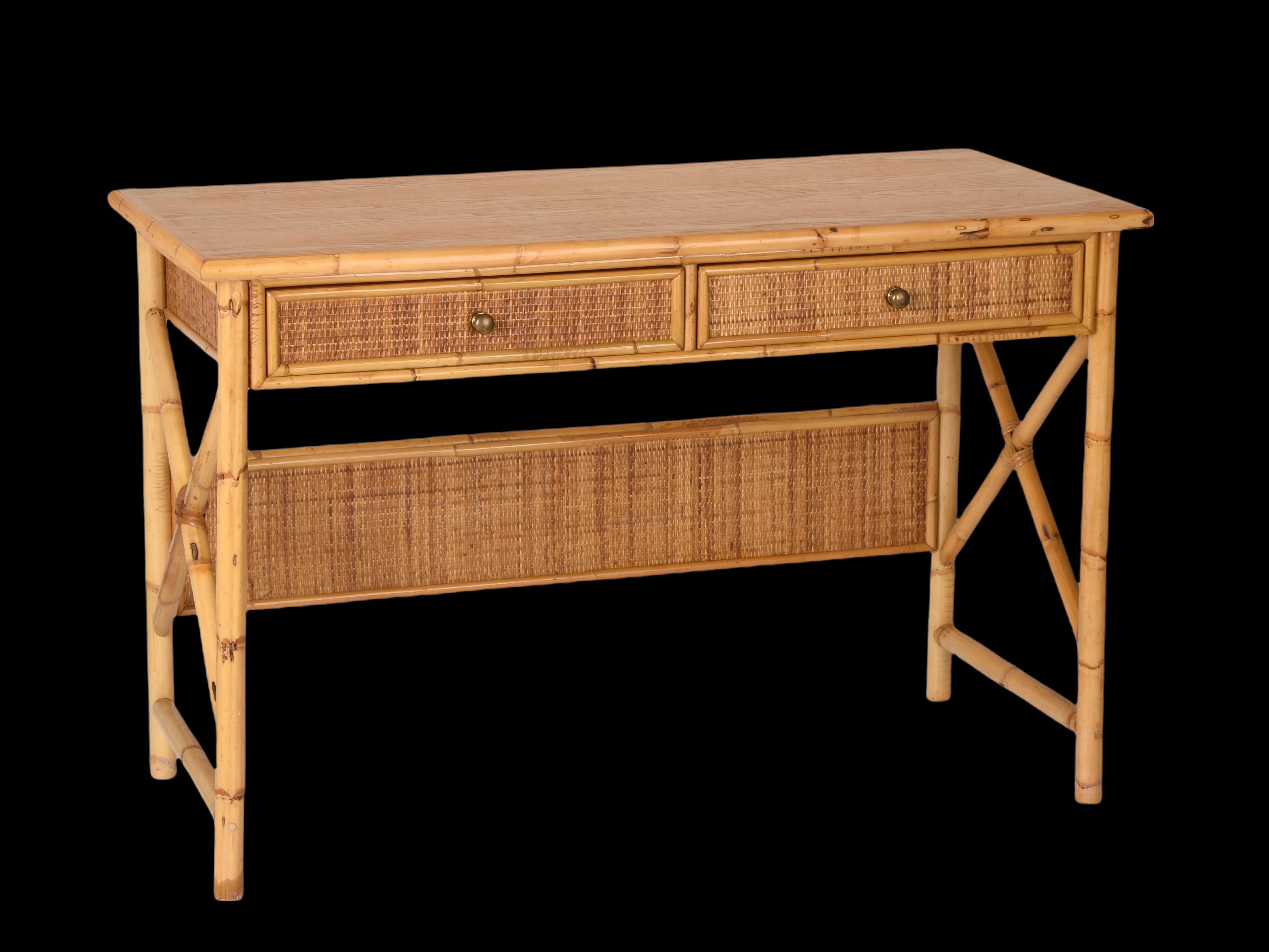 Midcentury Bamboo Cane, Ash Wood and Rattan Italian Desk with Drawers, 1980s 1