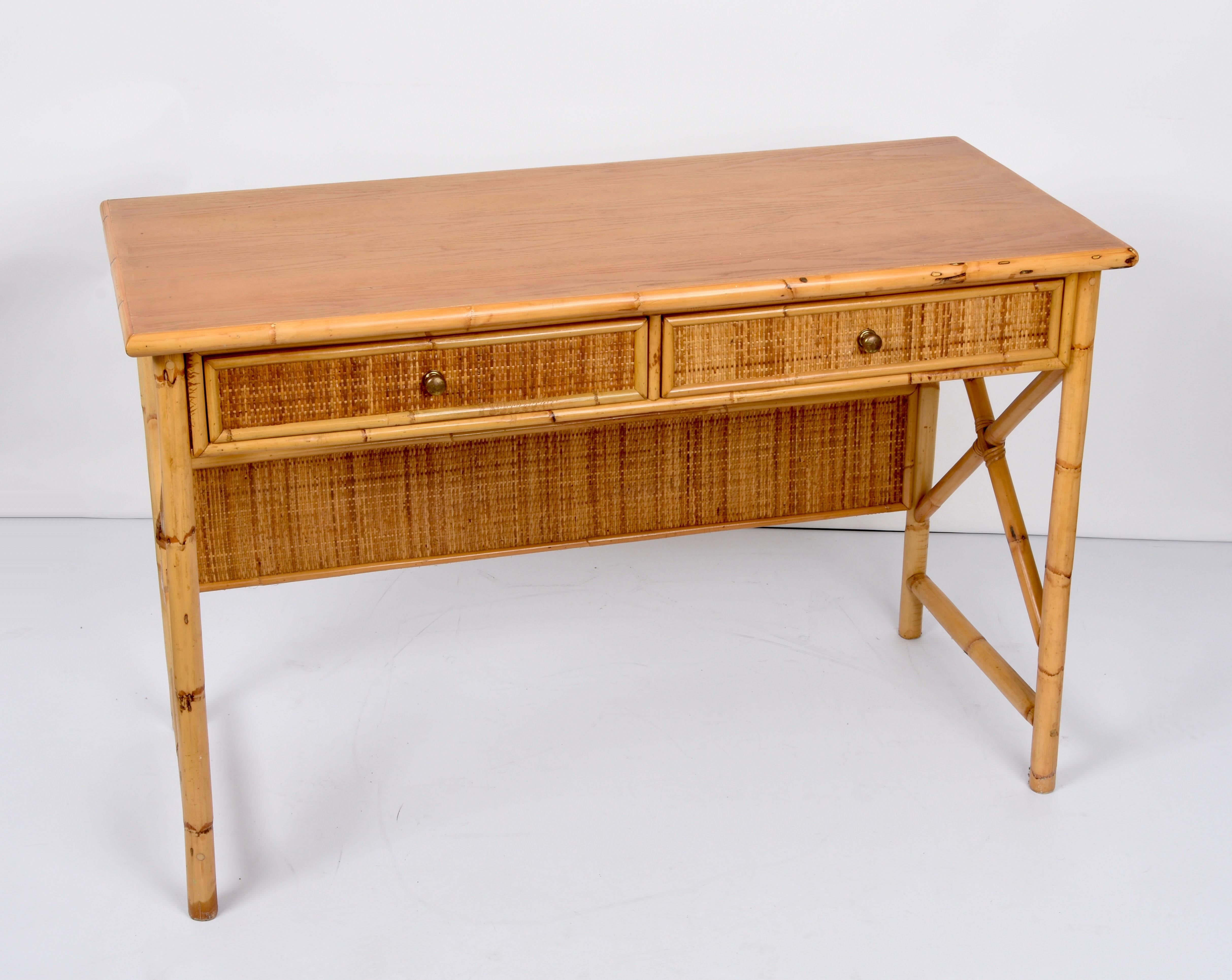 Midcentury Bamboo Cane, Ash Wood and Rattan Italian Desk with Drawers, 1980s 2