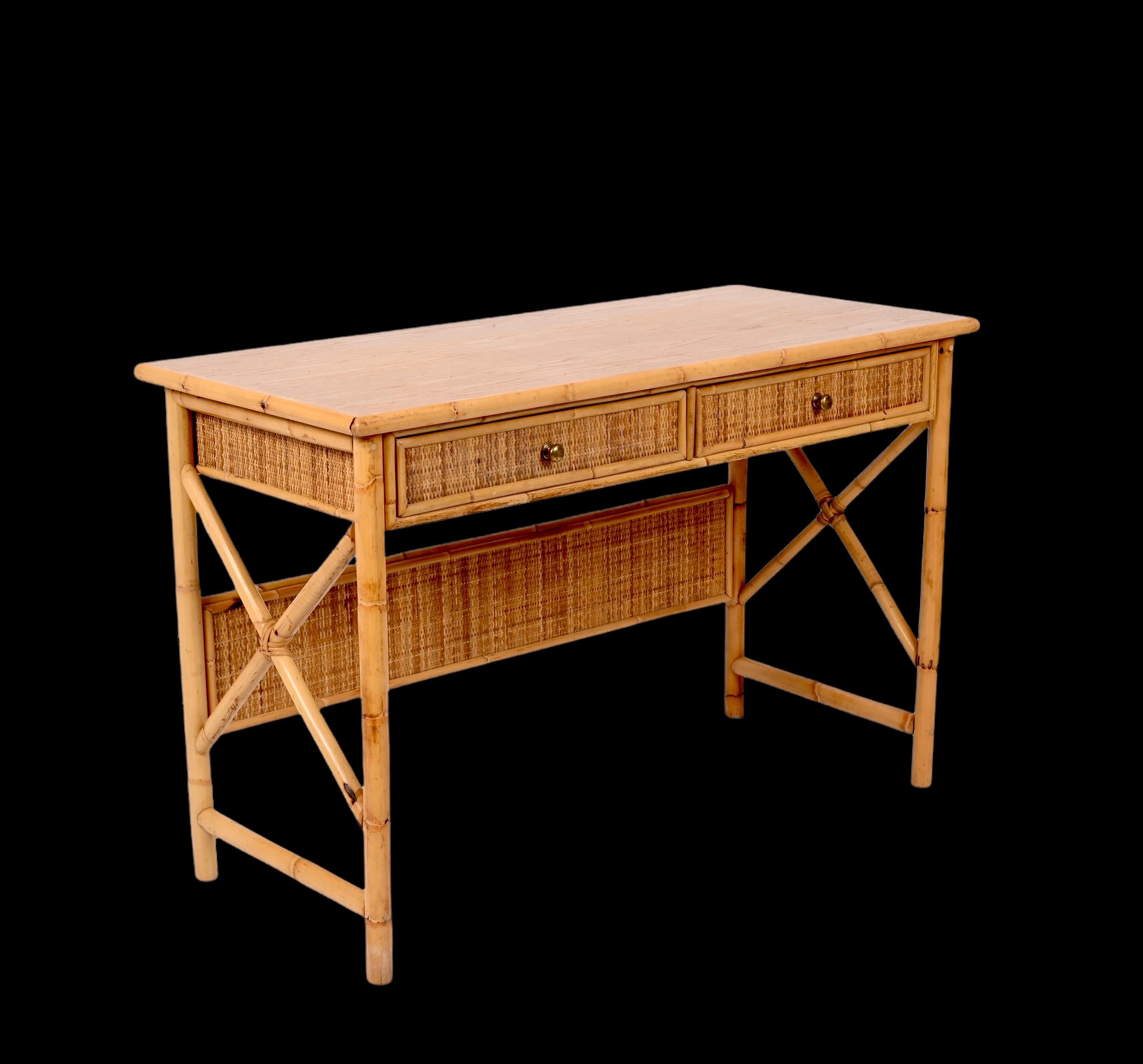 Midcentury Bamboo Cane, Ash Wood and Rattan Italian Desk with Drawers, 1980s 4
