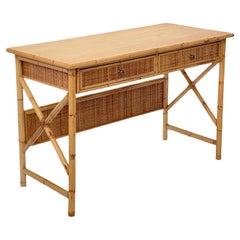 Midcentury Bamboo Cane, Ash Wood and Rattan Italian Desk with Drawers, 1980s