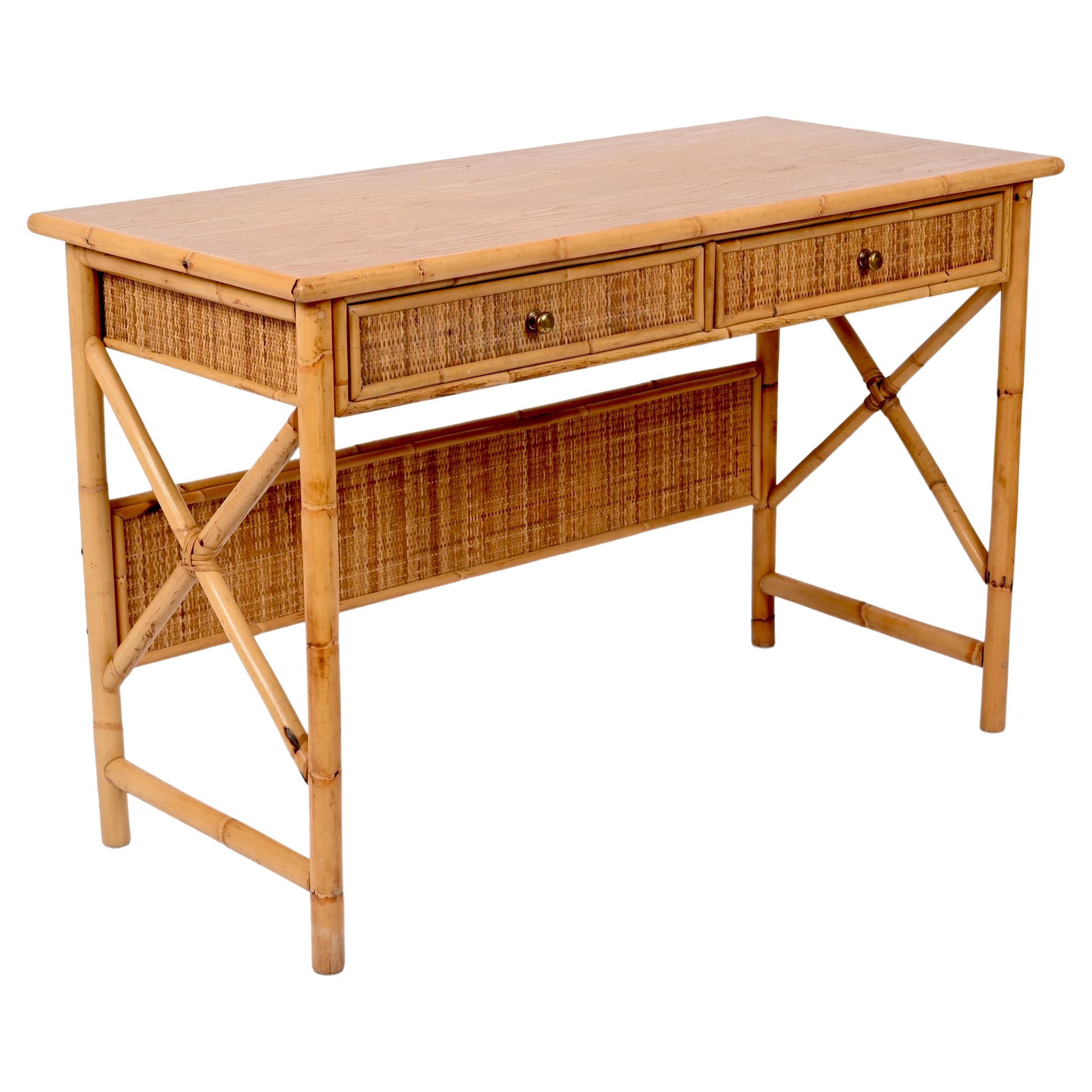Midcentury Bamboo Cane, Ash Wood and Rattan Italian Desk with Drawers, 1980s