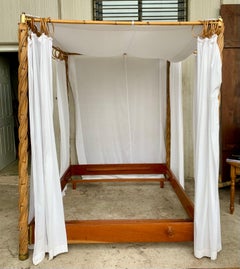 Midcentury Bamboo Canopy Four Poster Bed with Curtains or Outdoor Daybed