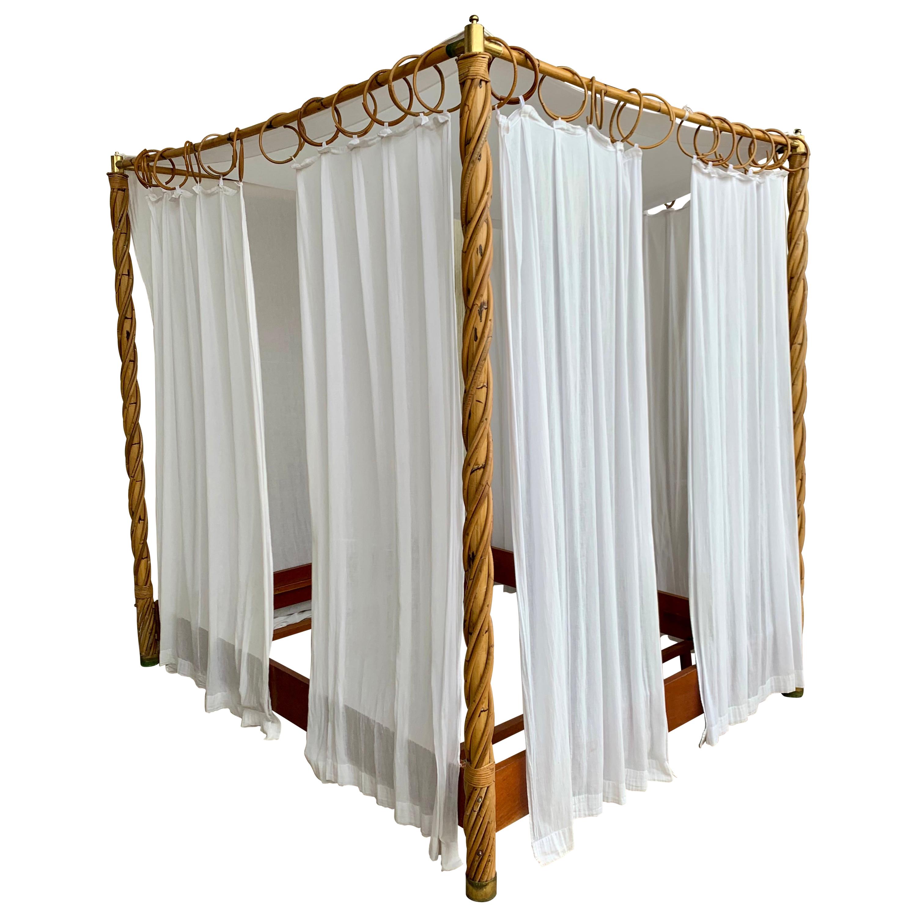 Midcentury Bamboo Canopy Four Poster Bed with Curtains or Outdoor Daybed