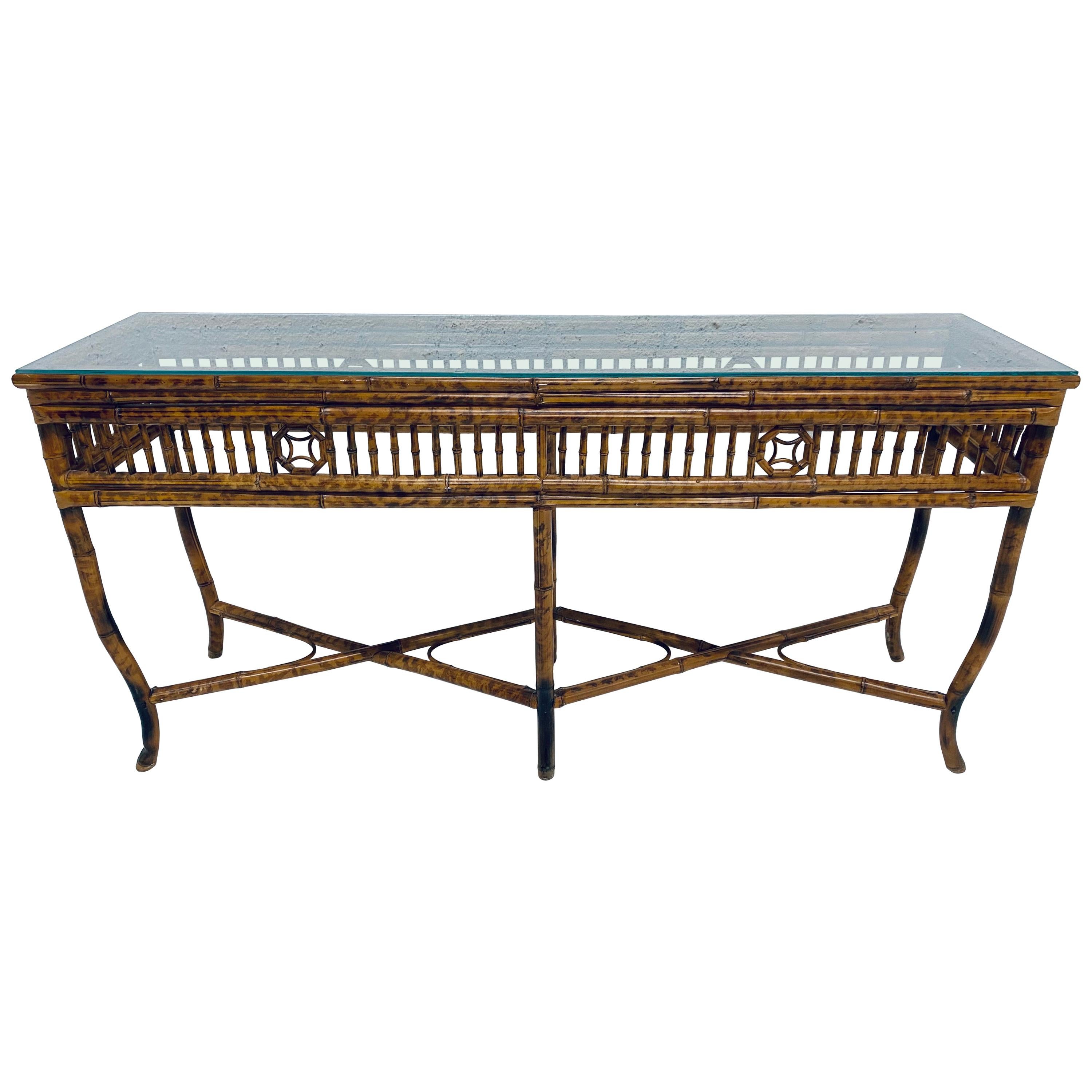 Midcentury Bamboo Console Table with Burnt Tortoise Finish and Glass Top