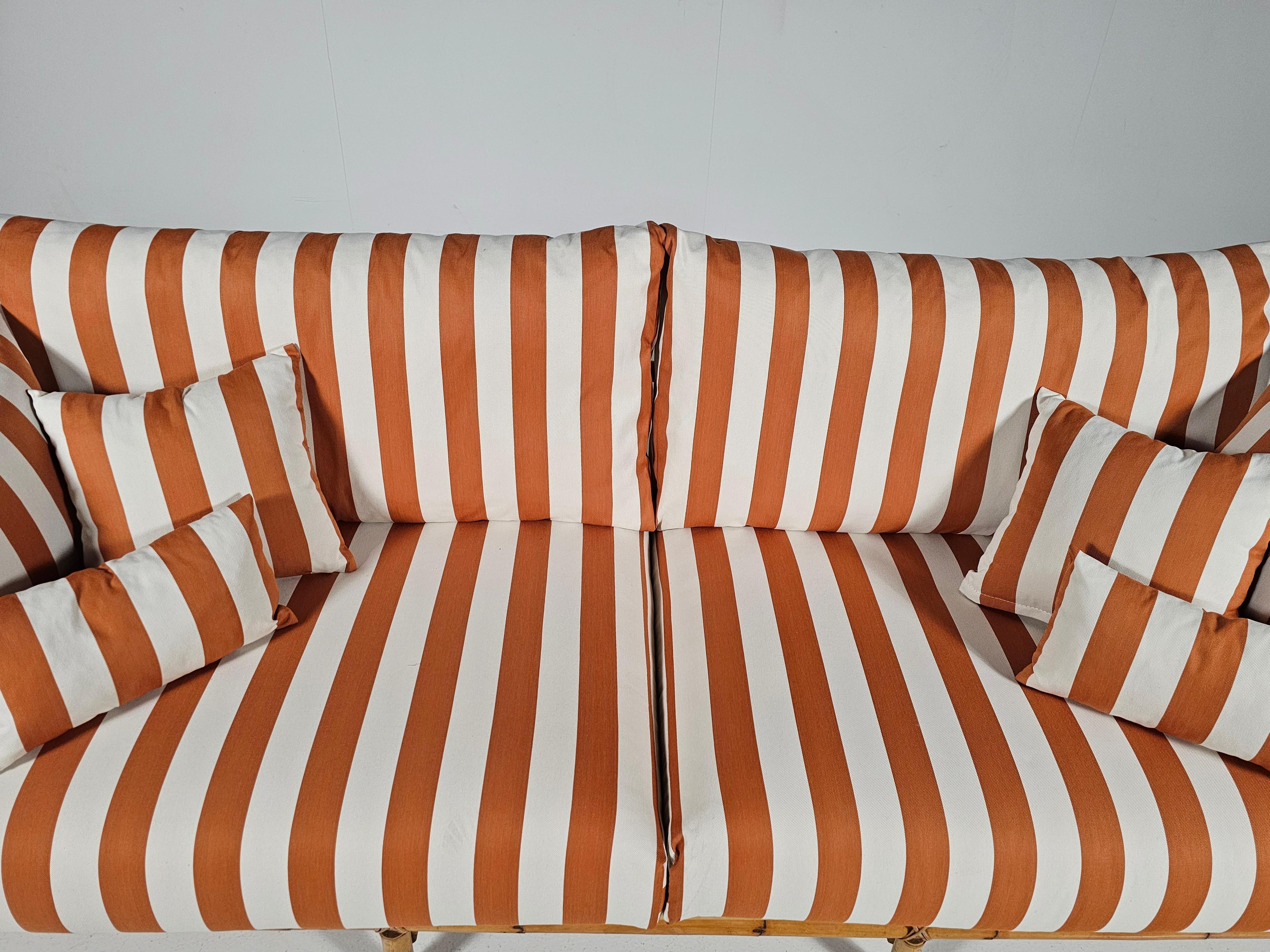 Midcentury Bamboo indoor/outdoor sofa with orange/cream fabric, France, 1960s 4