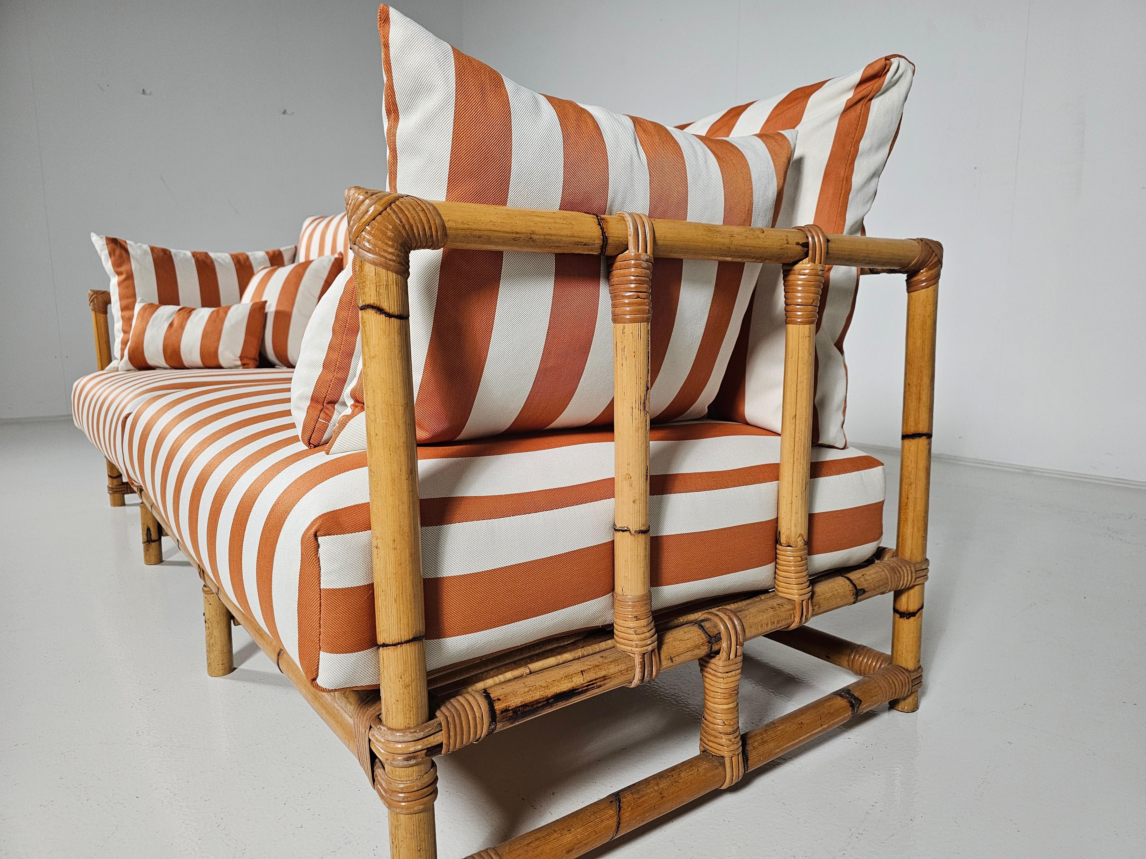 Midcentury Bamboo indoor/outdoor sofa with orange/cream fabric, France, 1960s 3