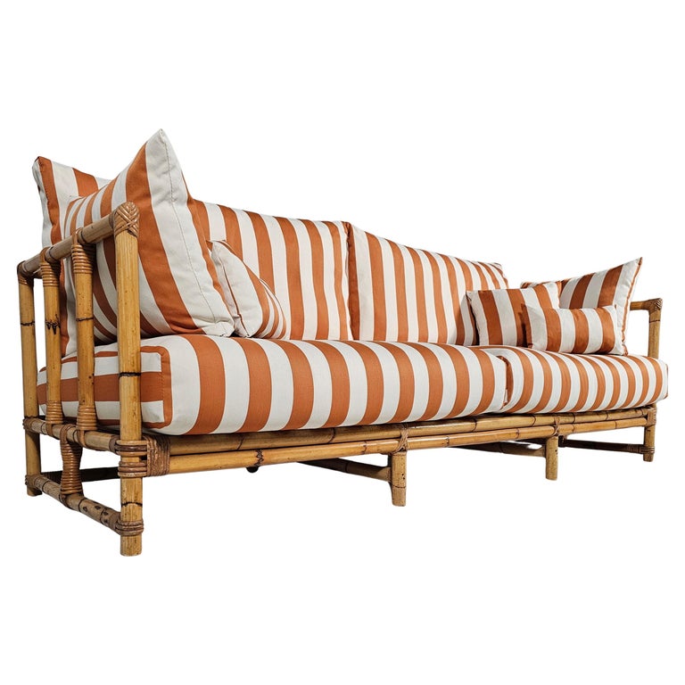 Midcentury Bamboo indoor/outdoor sofa with orange/cream fabric, France,  1960s at 1stDibs