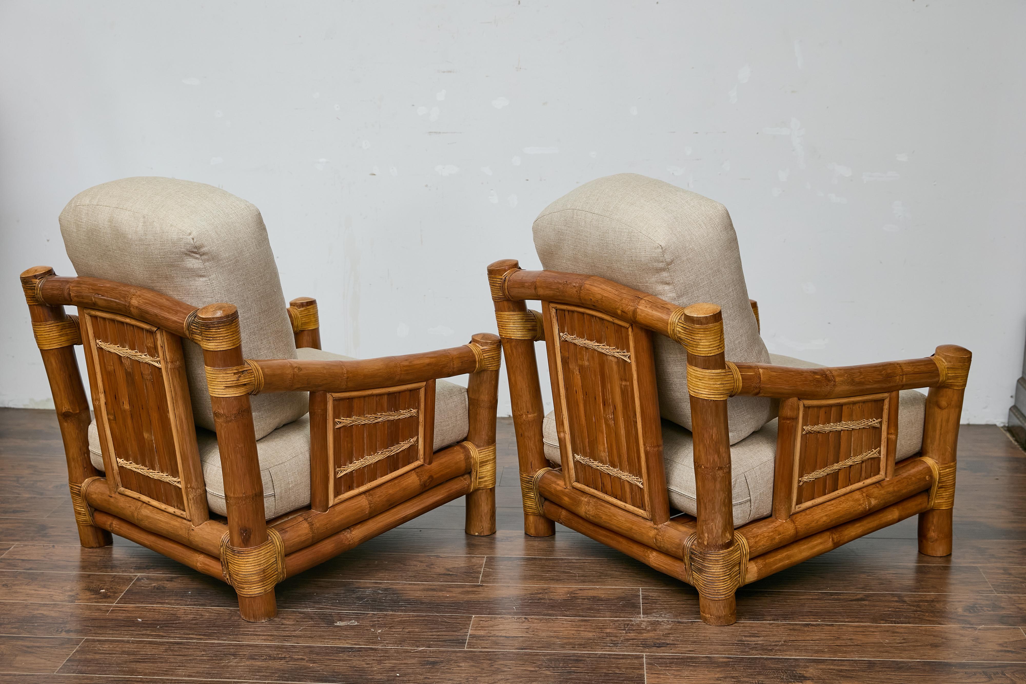 Midcentury Bamboo Lounge Chairs with Ottoman, Rattan Accents, and Linen Fabric For Sale 5