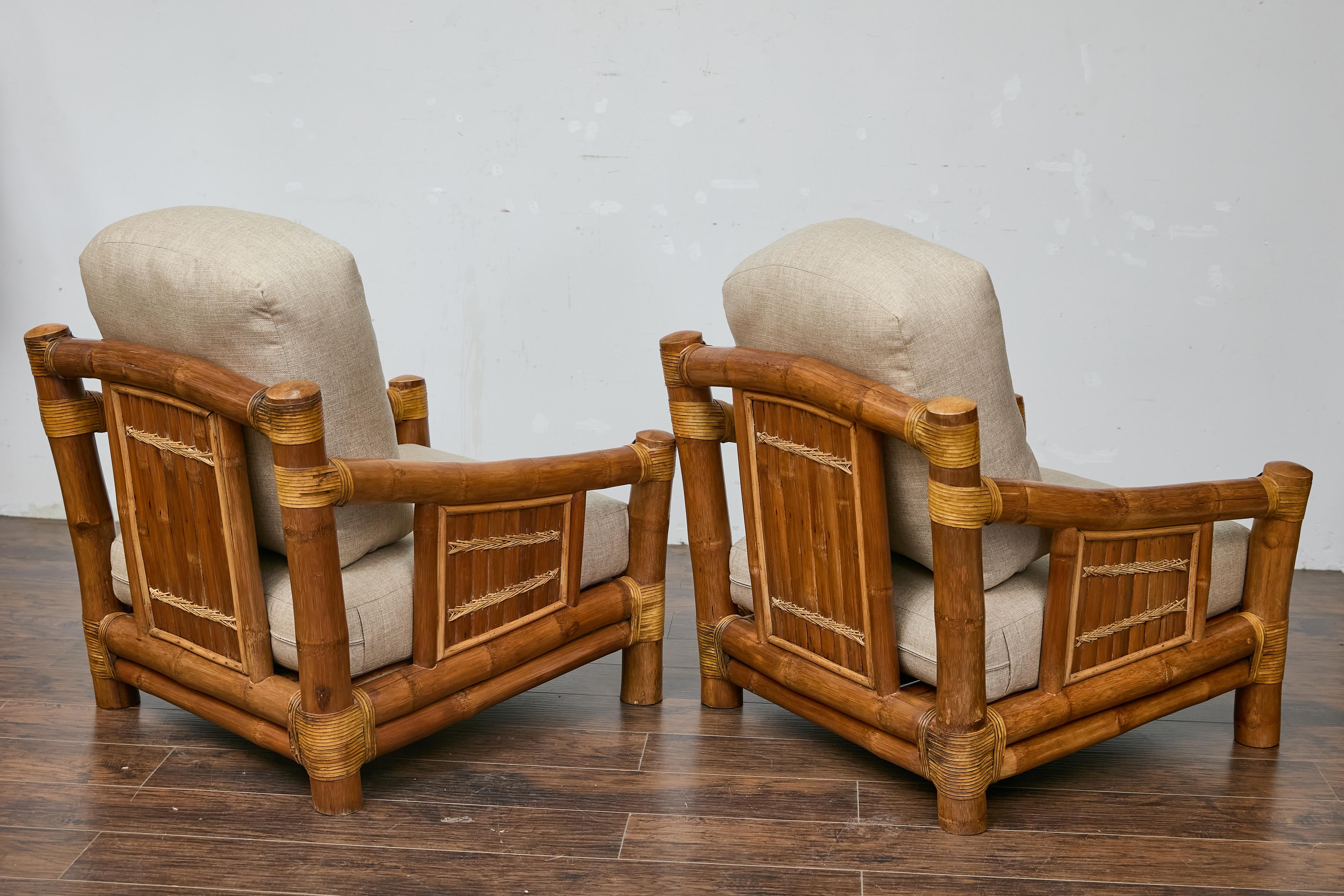 Midcentury Bamboo Lounge Chairs with Ottoman, Rattan Accents, and Linen Fabric For Sale 6