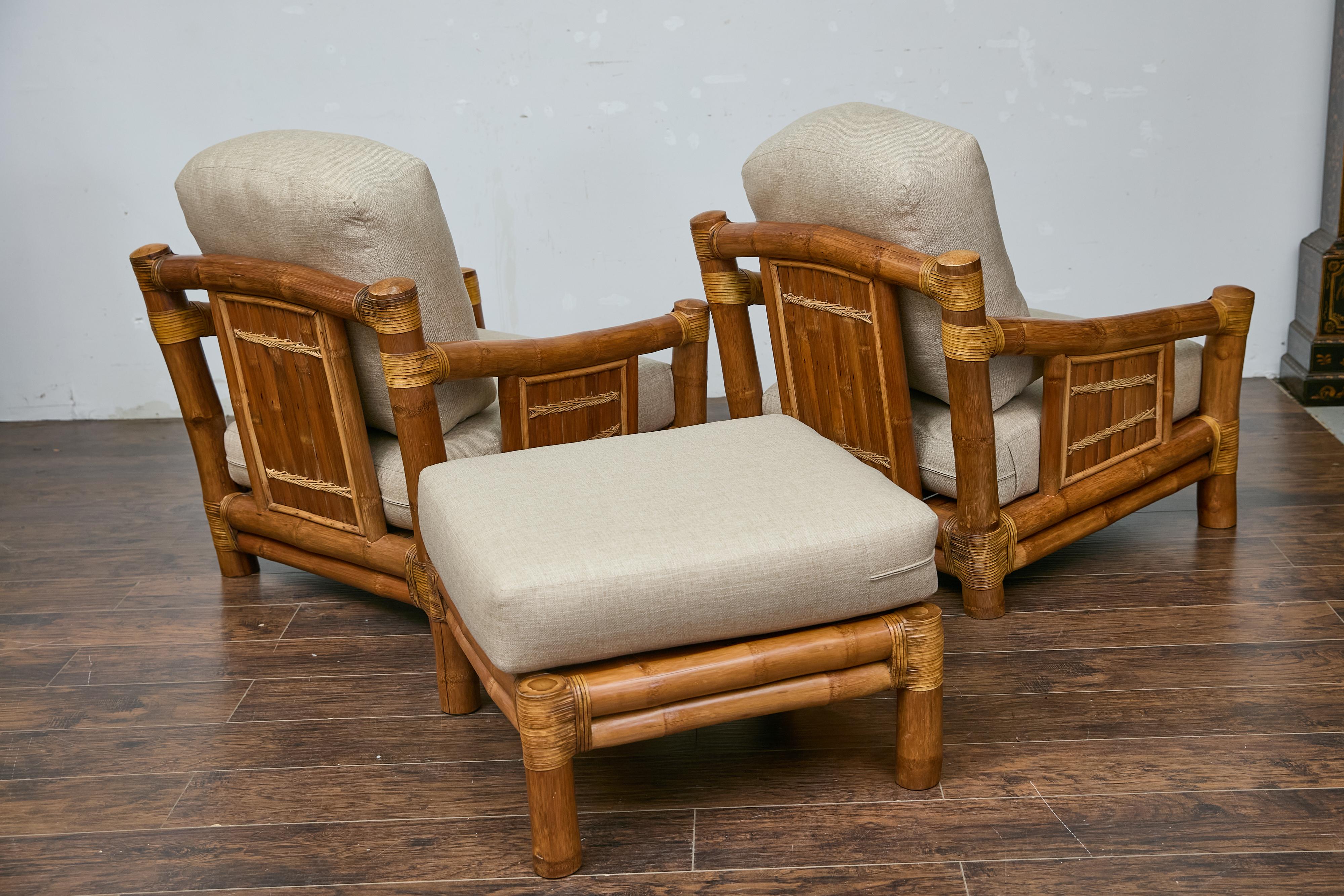 Midcentury Bamboo Lounge Chairs with Ottoman, Rattan Accents, and Linen Fabric For Sale 7