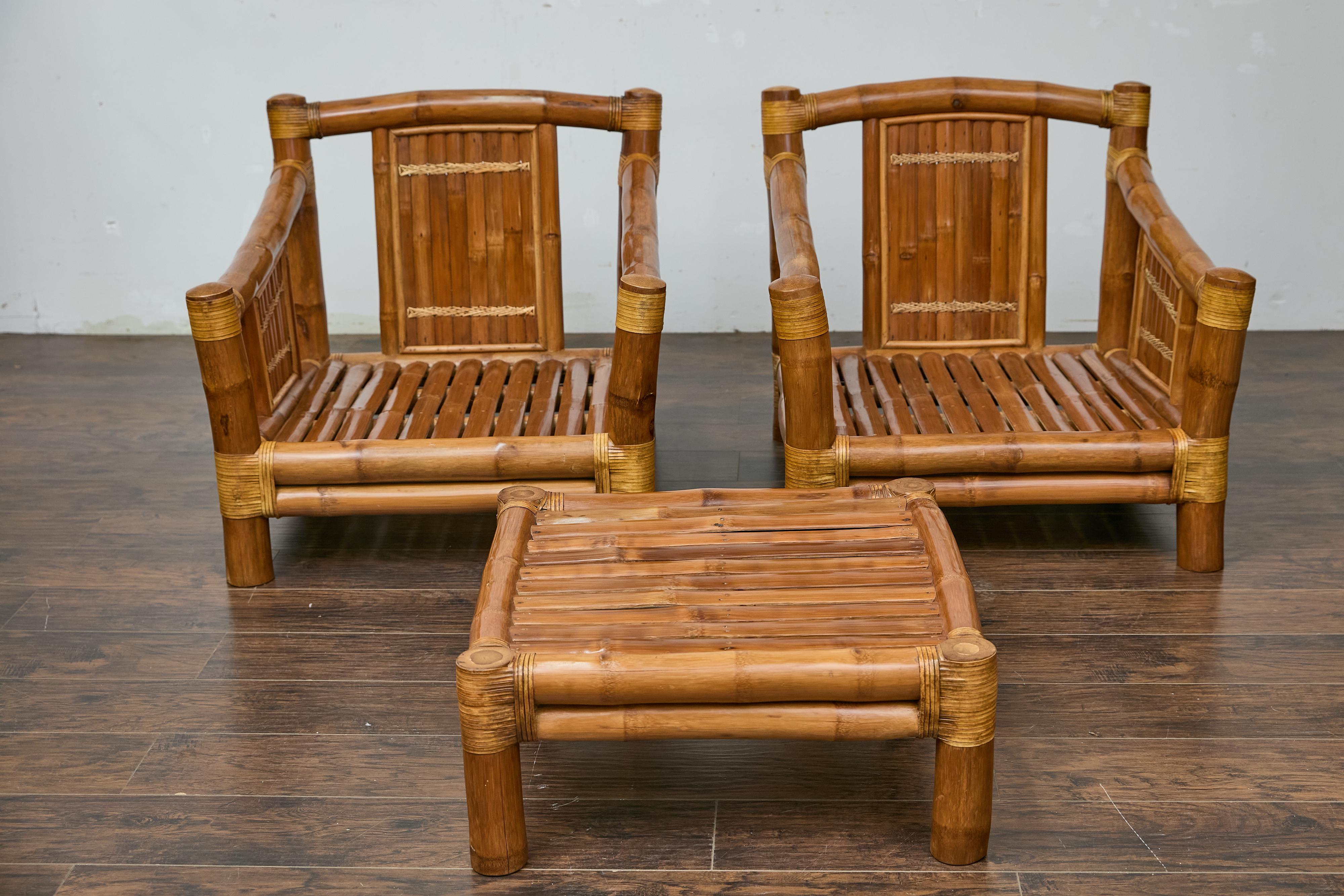 Midcentury Bamboo Lounge Chairs with Ottoman, Rattan Accents, and Linen Fabric For Sale 8