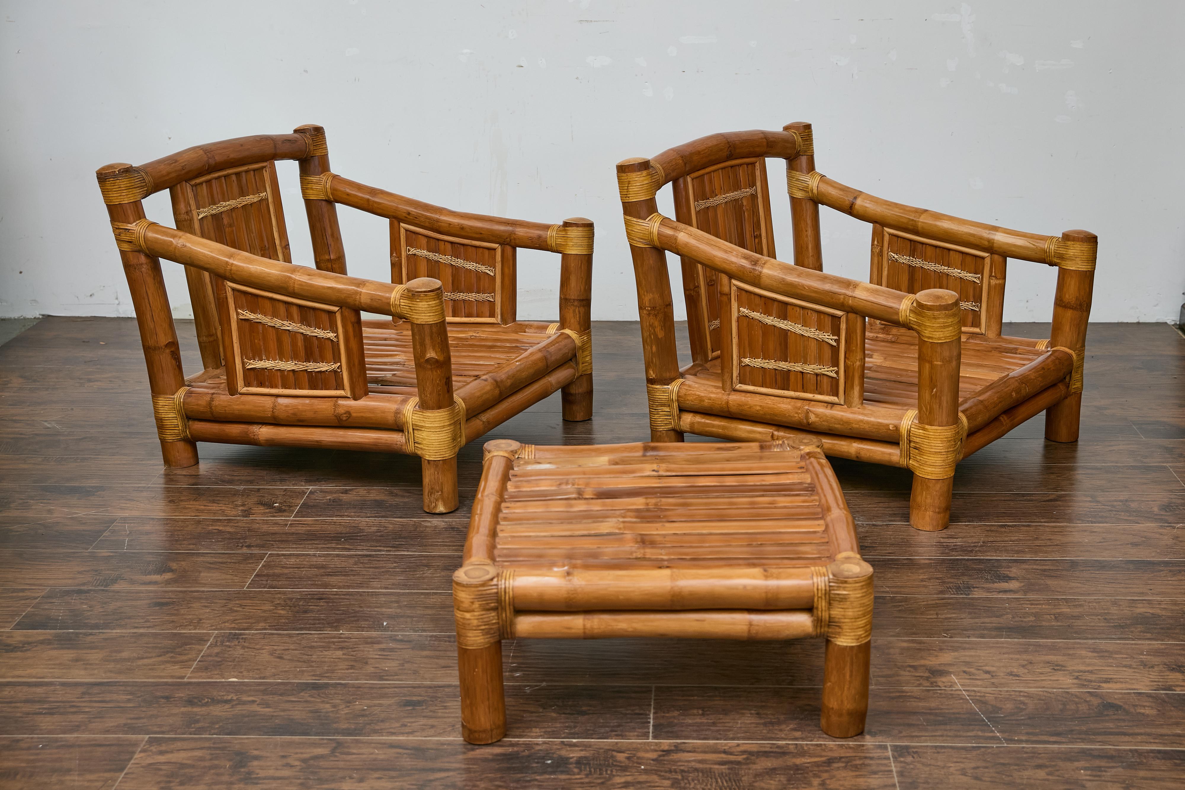Midcentury Bamboo Lounge Chairs with Ottoman, Rattan Accents, and Linen Fabric For Sale 9