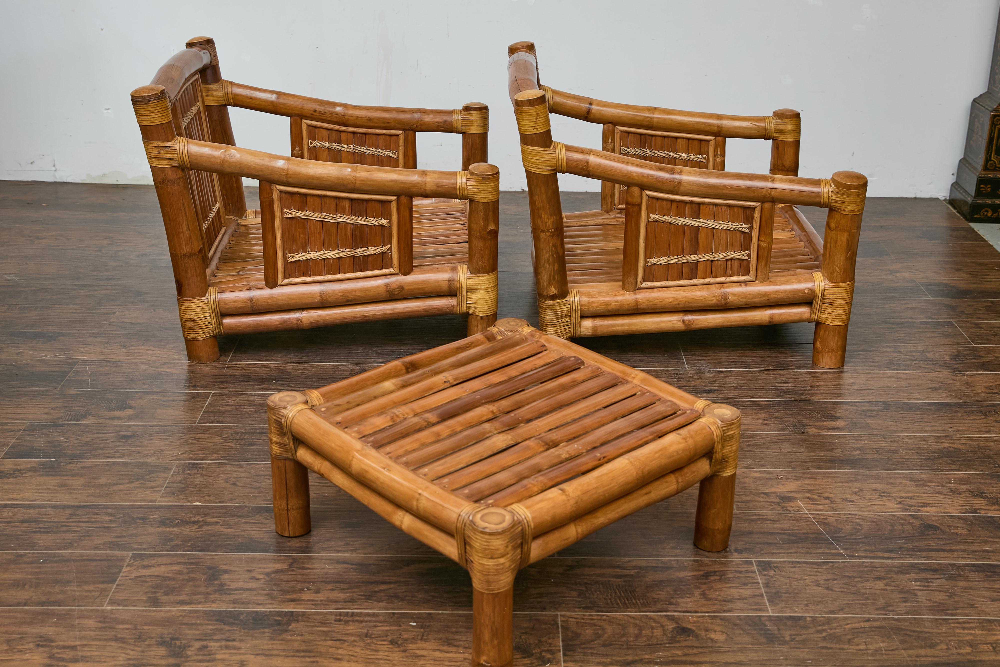 Midcentury Bamboo Lounge Chairs with Ottoman, Rattan Accents, and Linen Fabric For Sale 10