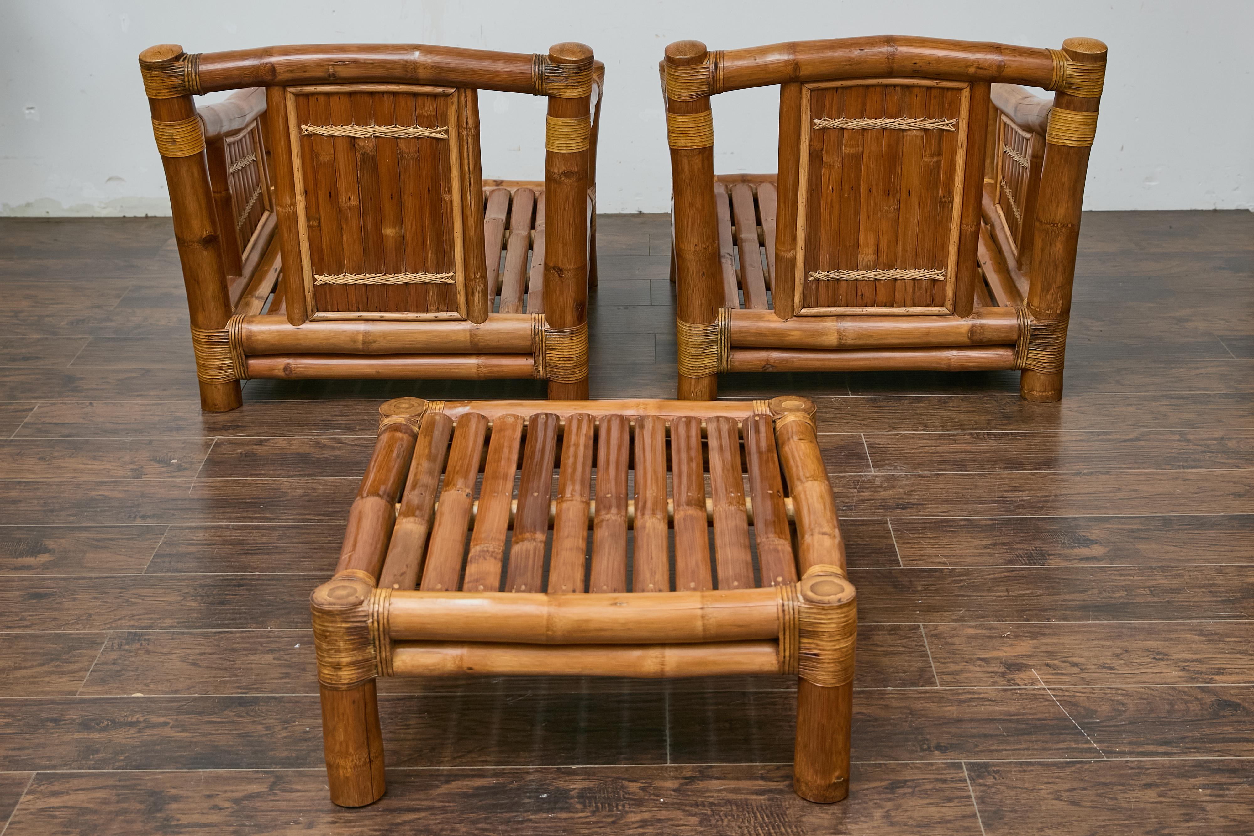 Midcentury Bamboo Lounge Chairs with Ottoman, Rattan Accents, and Linen Fabric For Sale 11