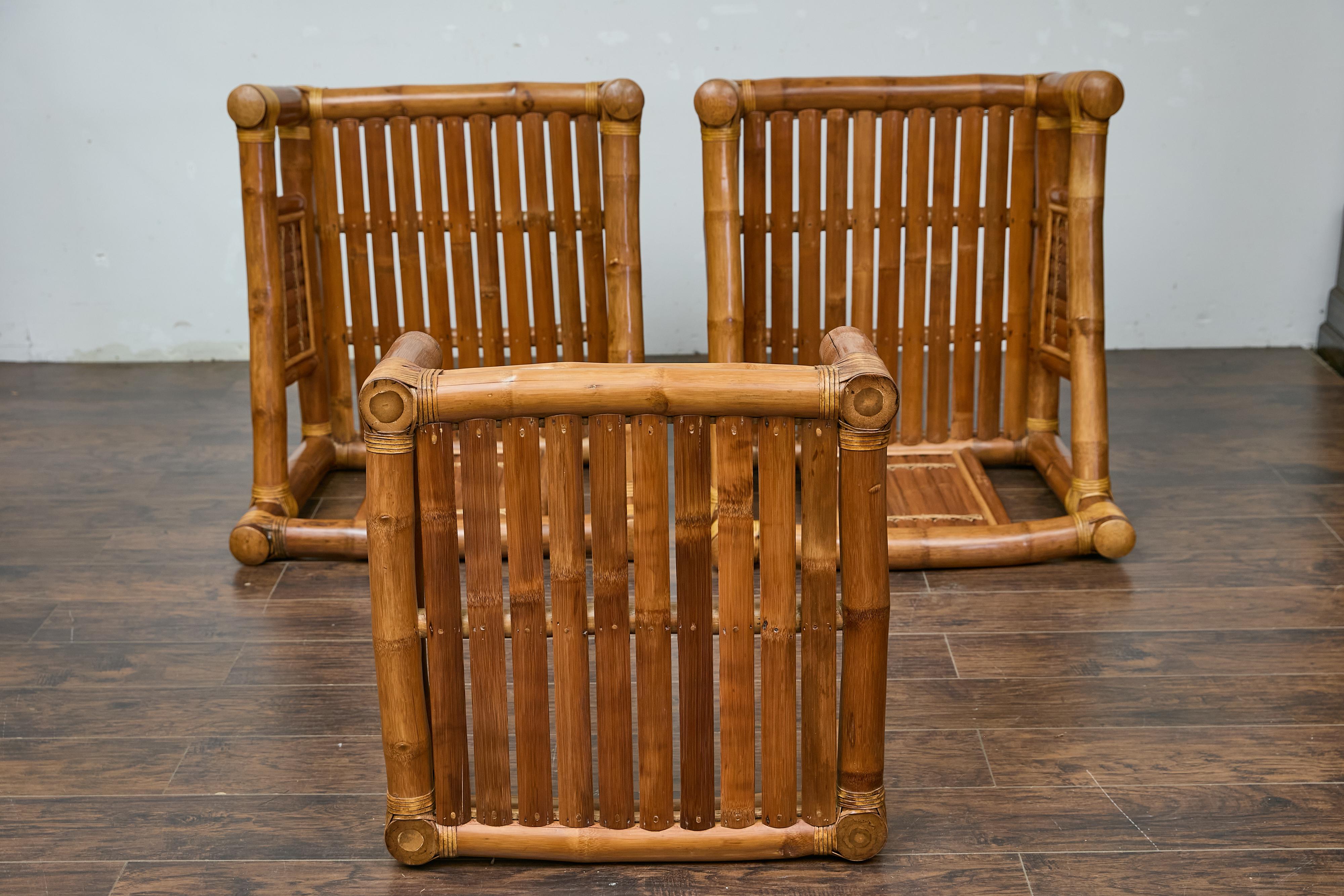 Midcentury Bamboo Lounge Chairs with Ottoman, Rattan Accents, and Linen Fabric For Sale 12