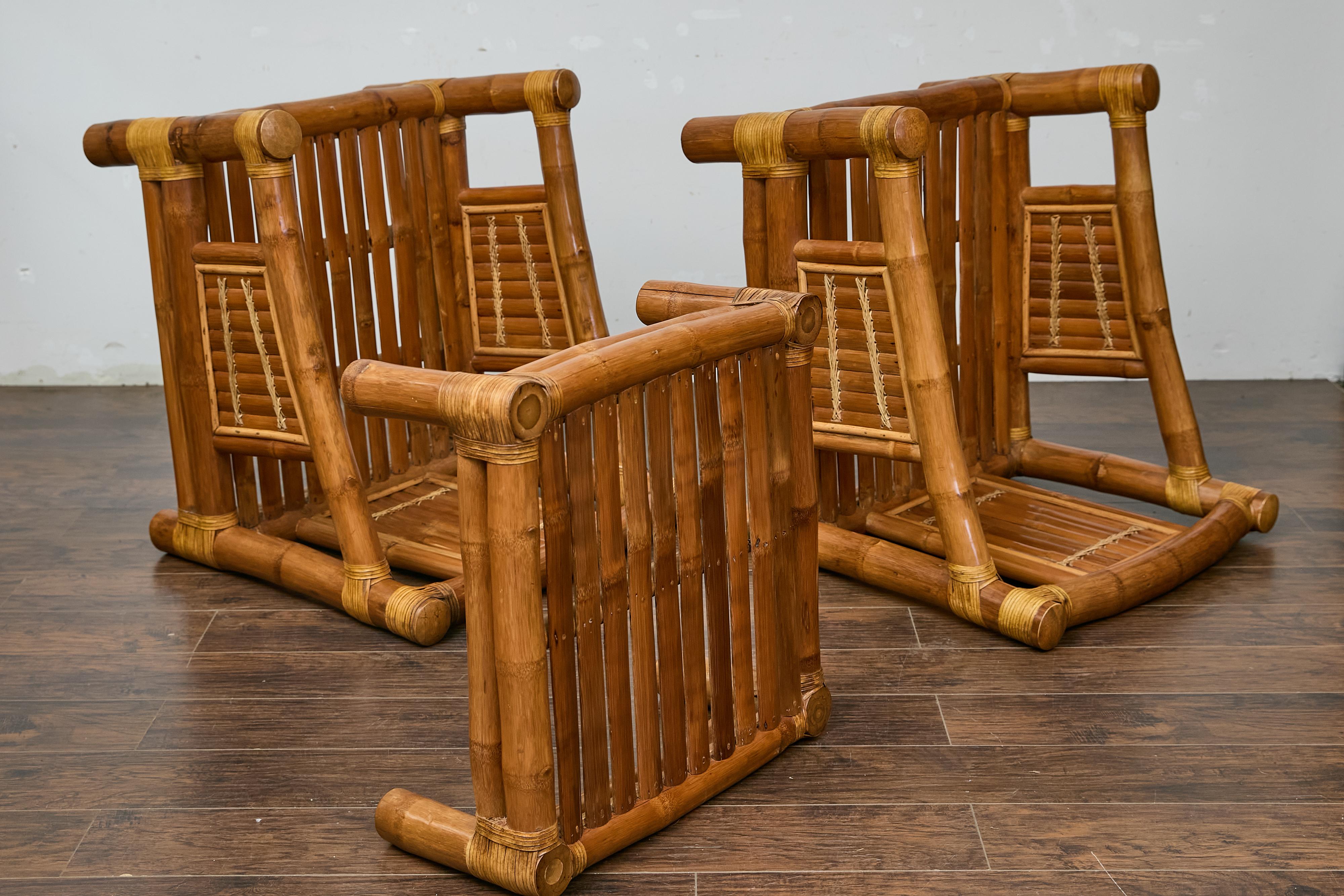 Midcentury Bamboo Lounge Chairs with Ottoman, Rattan Accents, and Linen Fabric For Sale 13