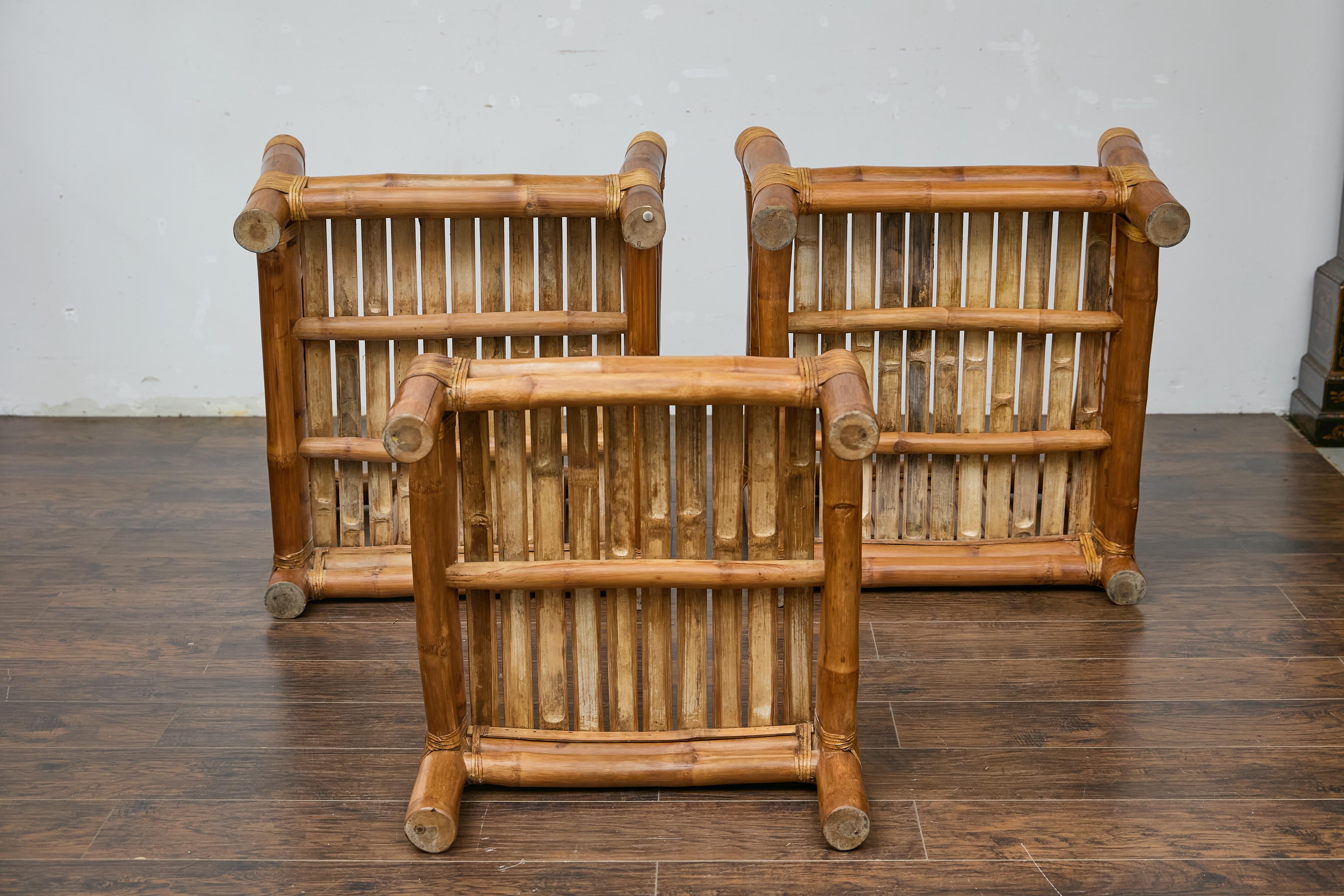Midcentury Bamboo Lounge Chairs with Ottoman, Rattan Accents, and Linen Fabric For Sale 14