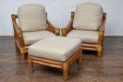Midcentury Bamboo Lounge Chairs with Ottoman, Rattan Accents, and Linen Fabric
