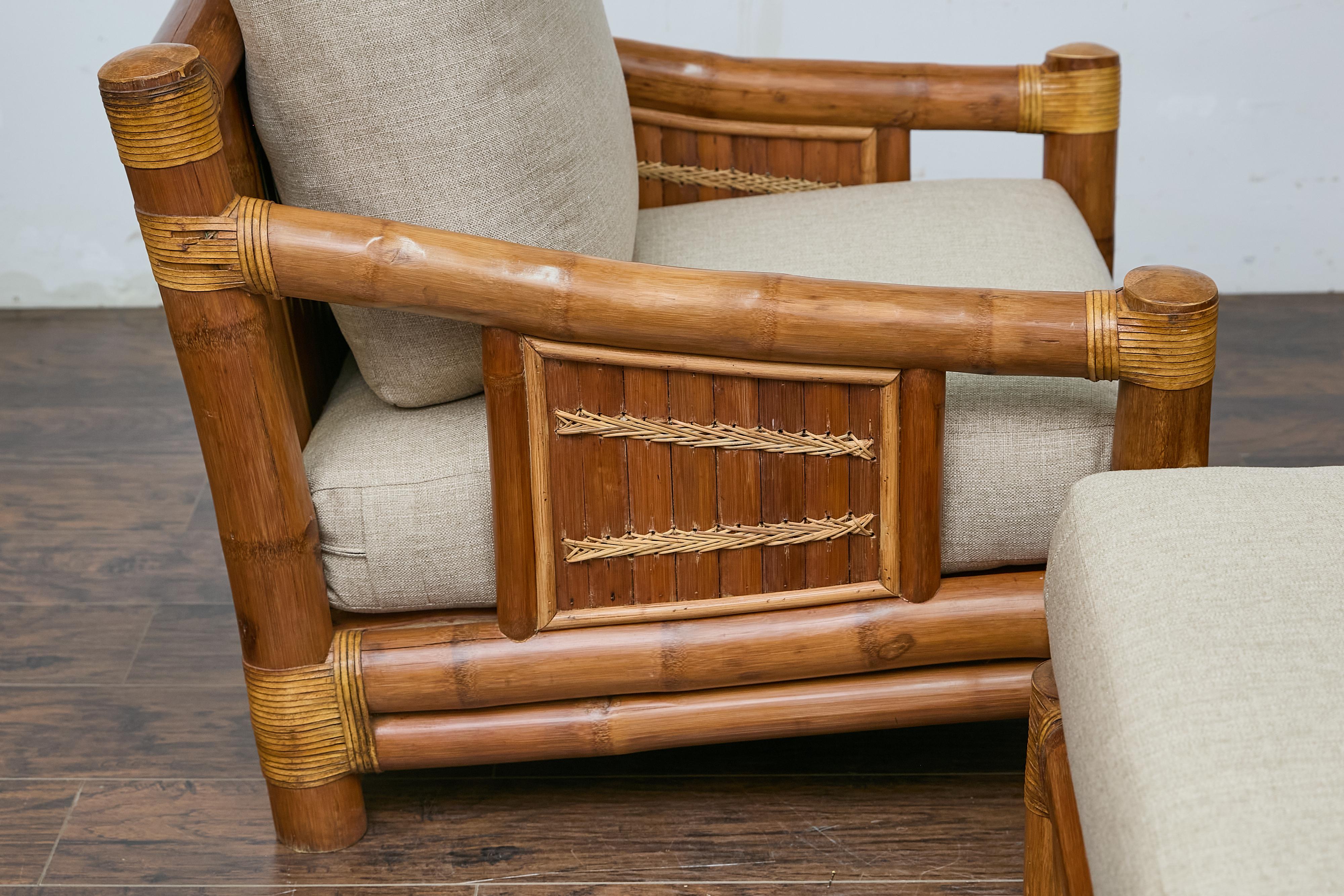 20th Century Midcentury Bamboo Lounge Chairs with Ottoman, Rattan Accents, and Linen Fabric For Sale