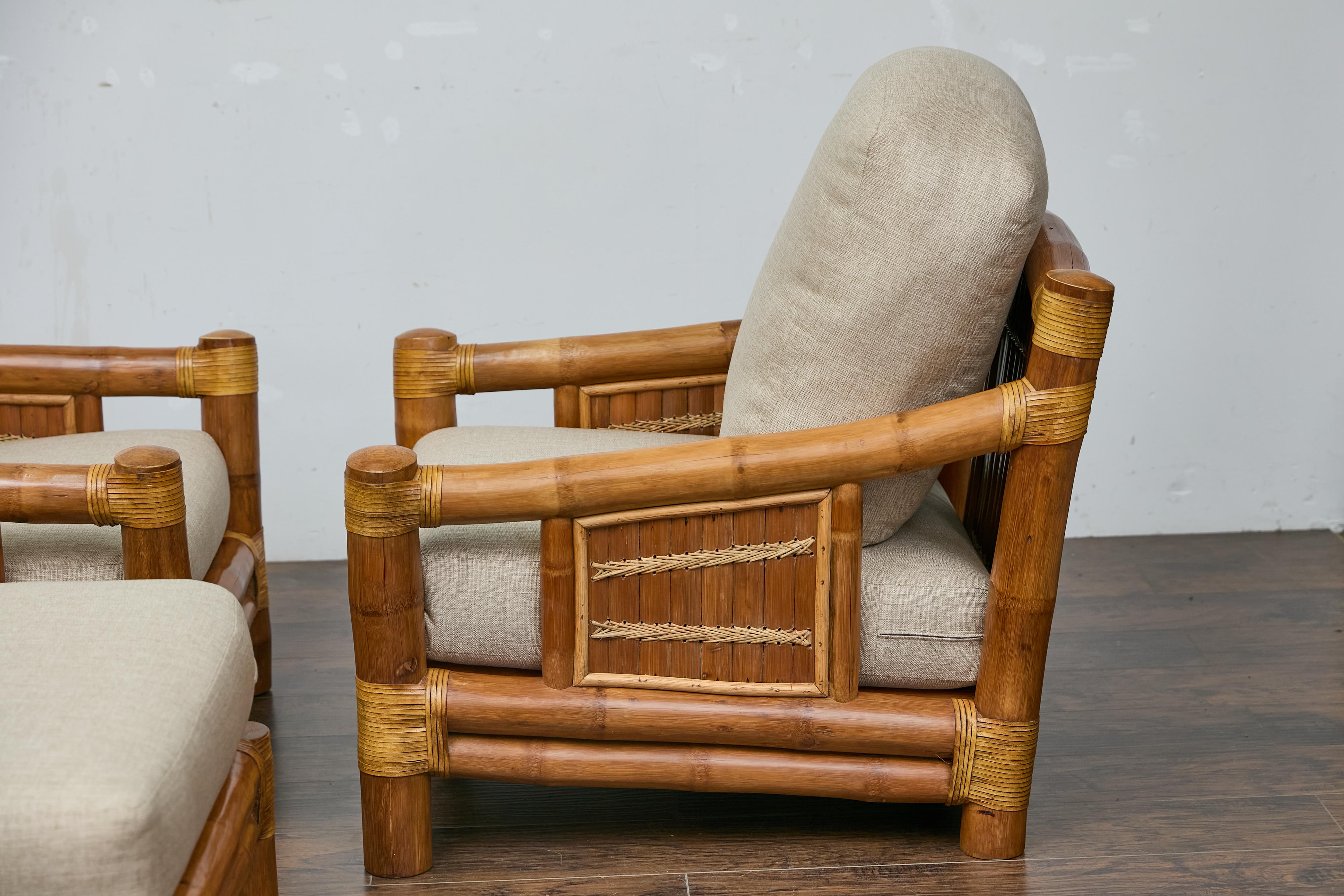 Midcentury Bamboo Lounge Chairs with Ottoman, Rattan Accents, and Linen Fabric For Sale 1