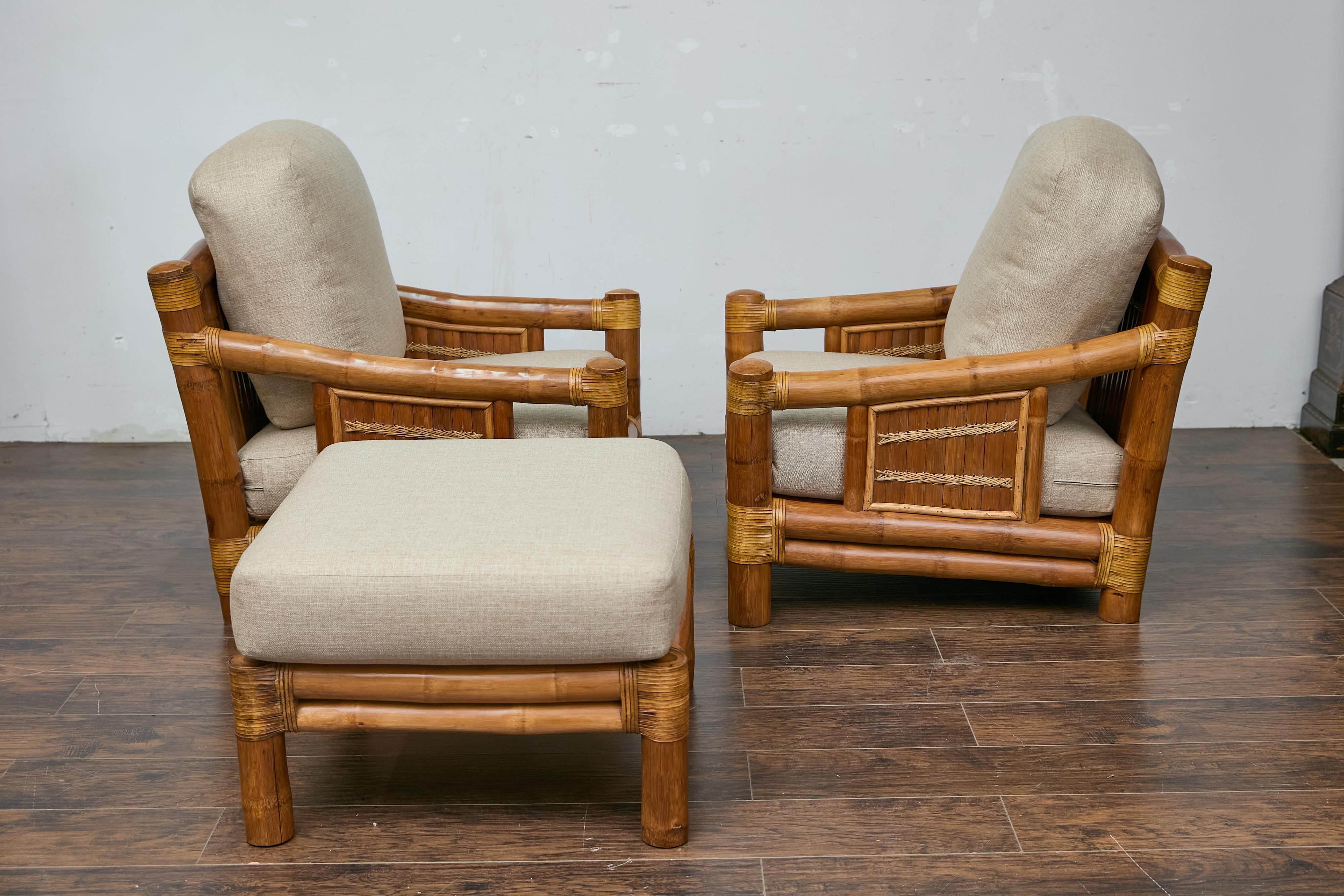 Midcentury Bamboo Lounge Chairs with Ottoman, Rattan Accents, and Linen Fabric For Sale 2