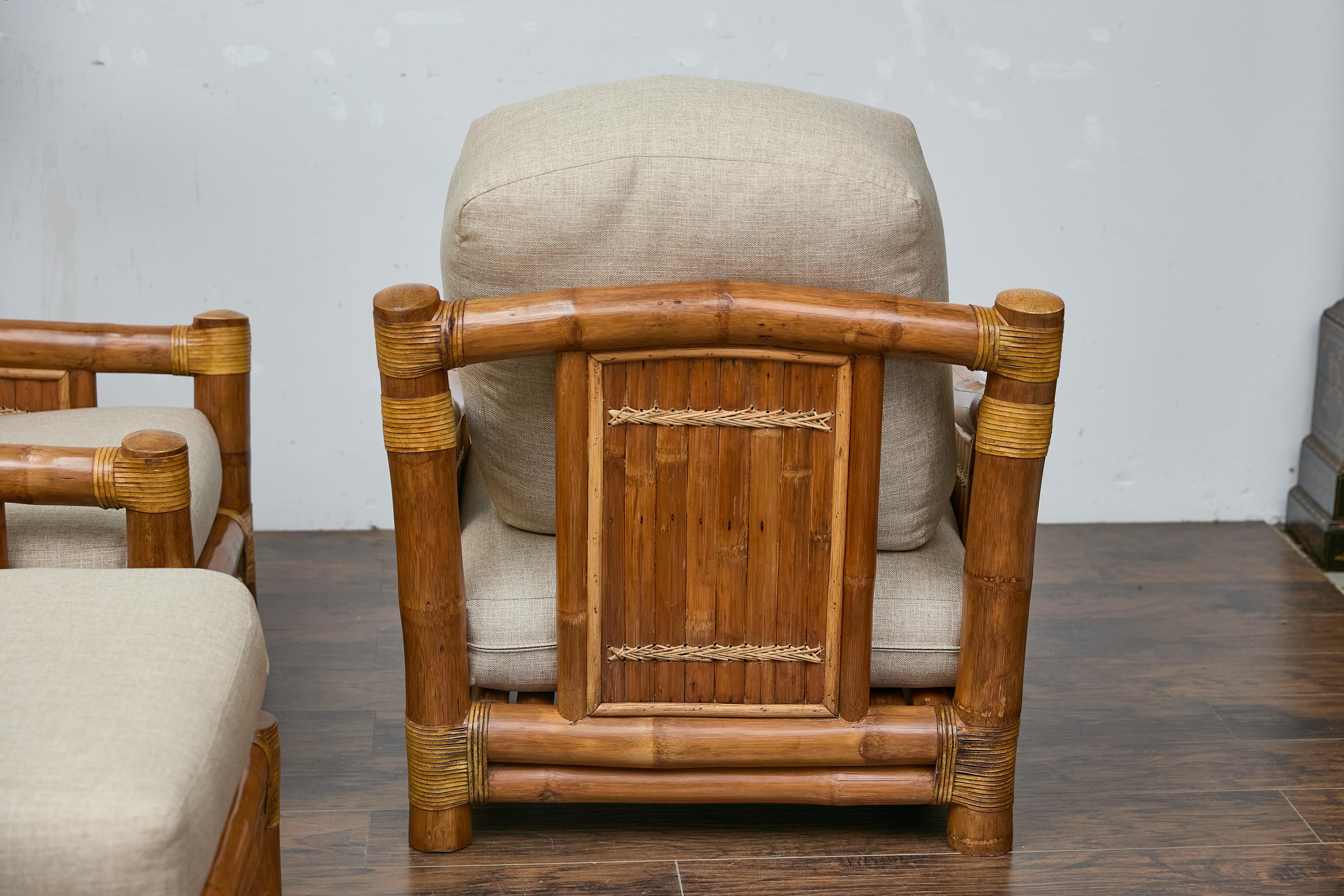 Midcentury Bamboo Lounge Chairs with Ottoman, Rattan Accents, and Linen Fabric For Sale 3