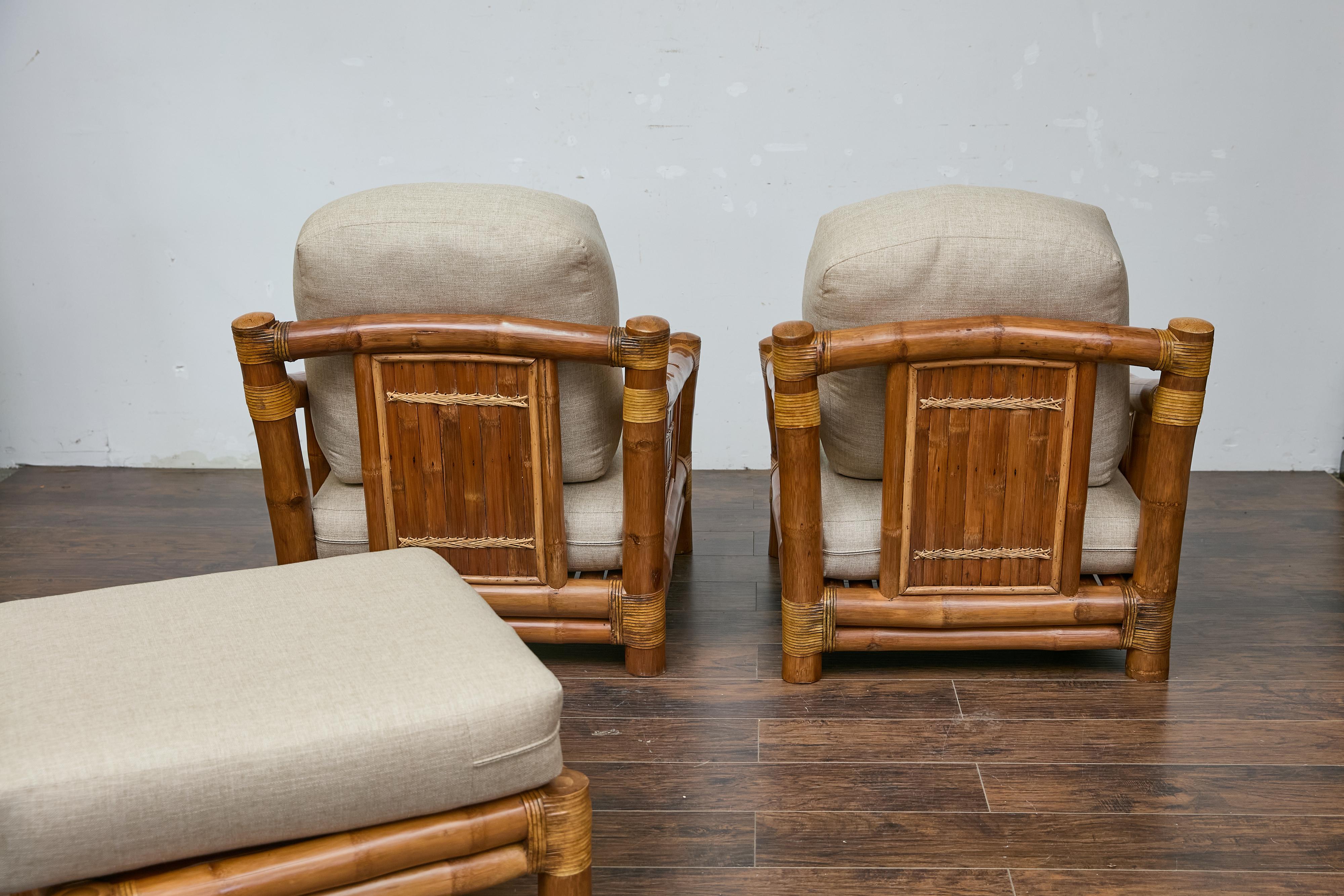 Midcentury Bamboo Lounge Chairs with Ottoman, Rattan Accents, and Linen Fabric For Sale 4