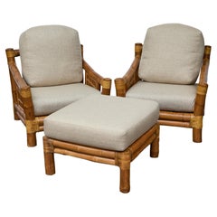 Midcentury Bamboo Lounge Chairs with Ottoman, Rattan Accents, and Linen Fabric