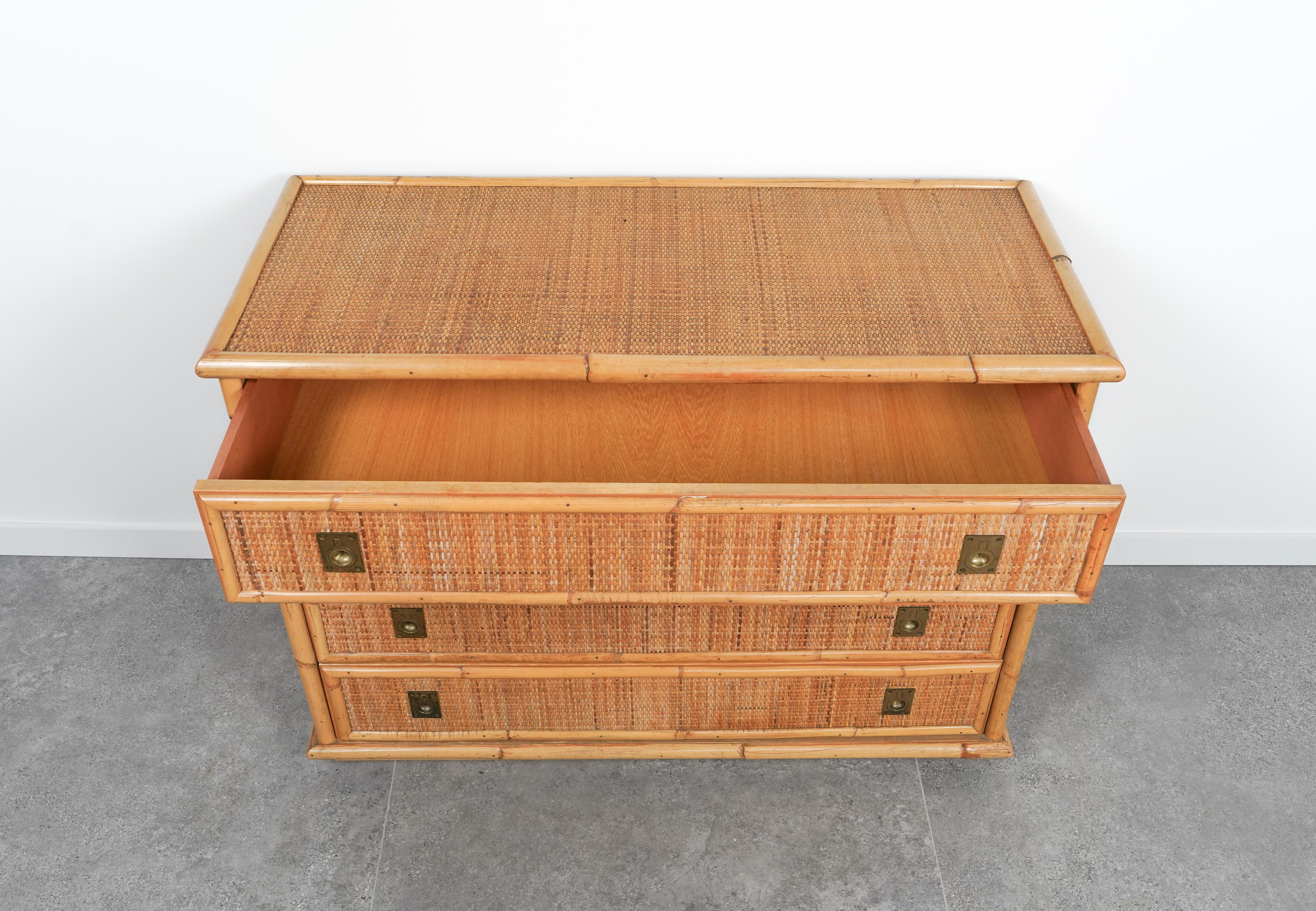 Midcentury Bamboo, Rattan and Brass Chest of Drawers by Dal Vera, Italy, 1970s 3