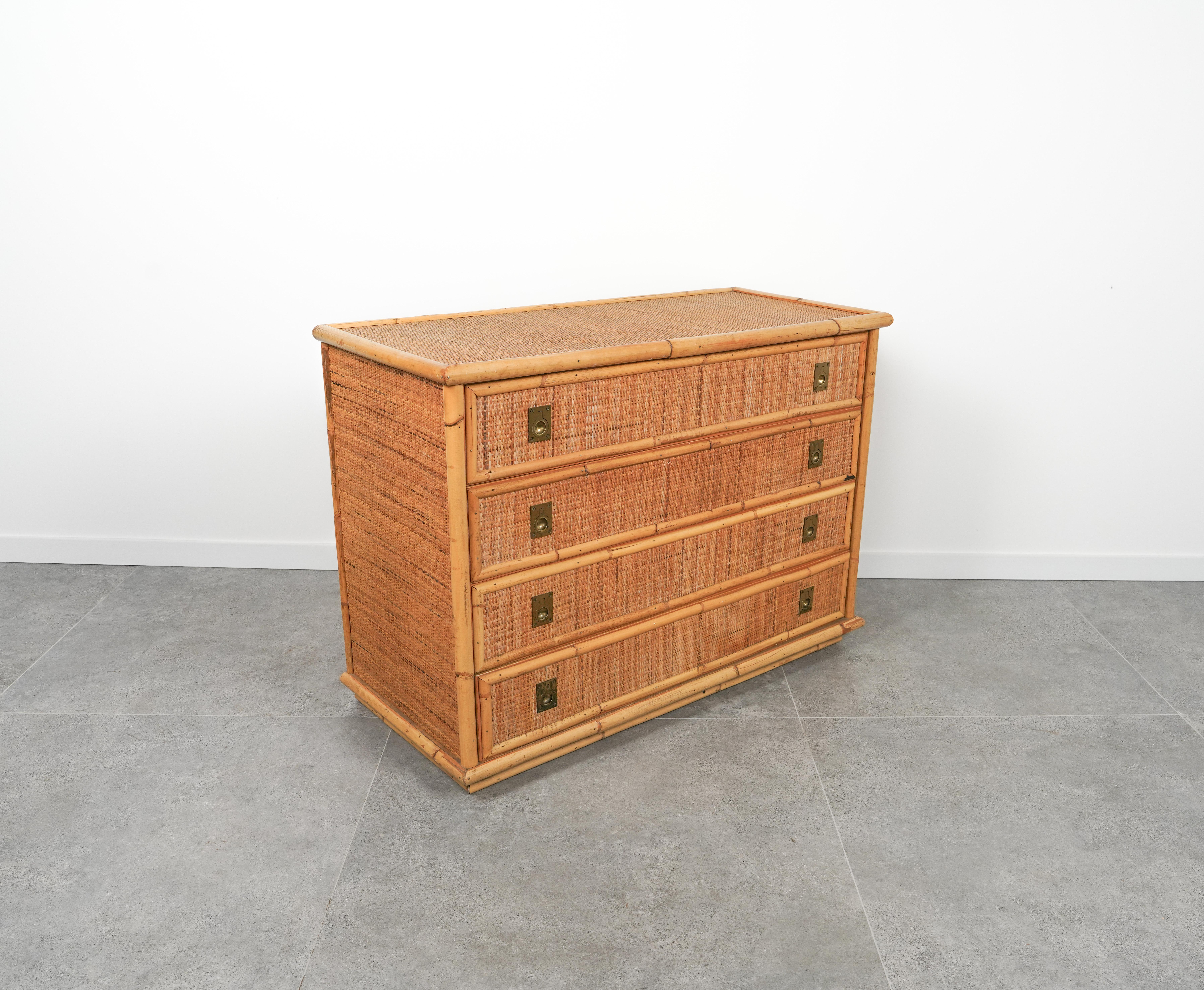 Midcentury Bamboo, Rattan and Brass Chest of Drawers by Dal Vera, Italy, 1970s 4