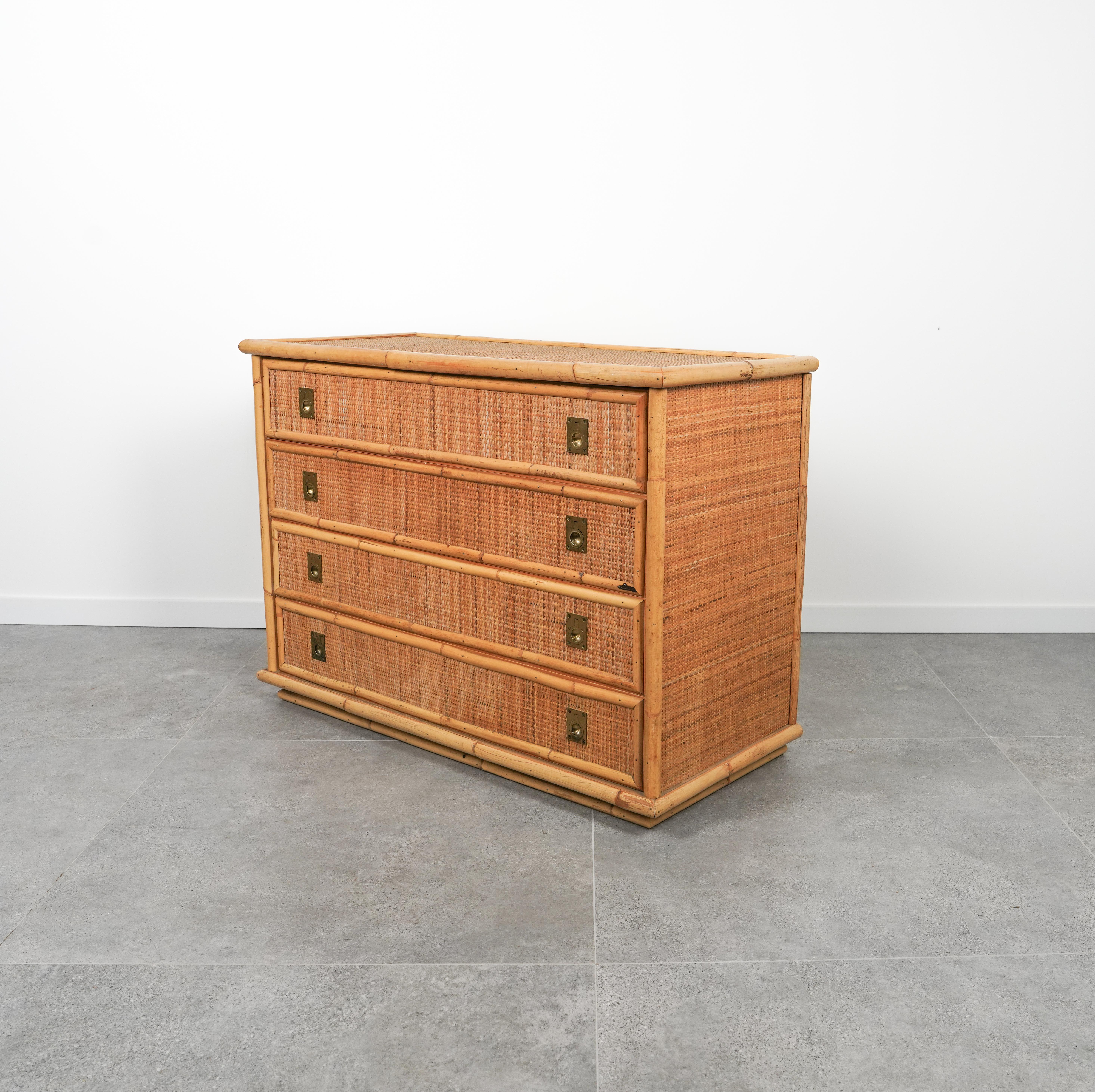 Midcentury Bamboo, Rattan and Brass Chest of Drawers by Dal Vera, Italy, 1970s 5