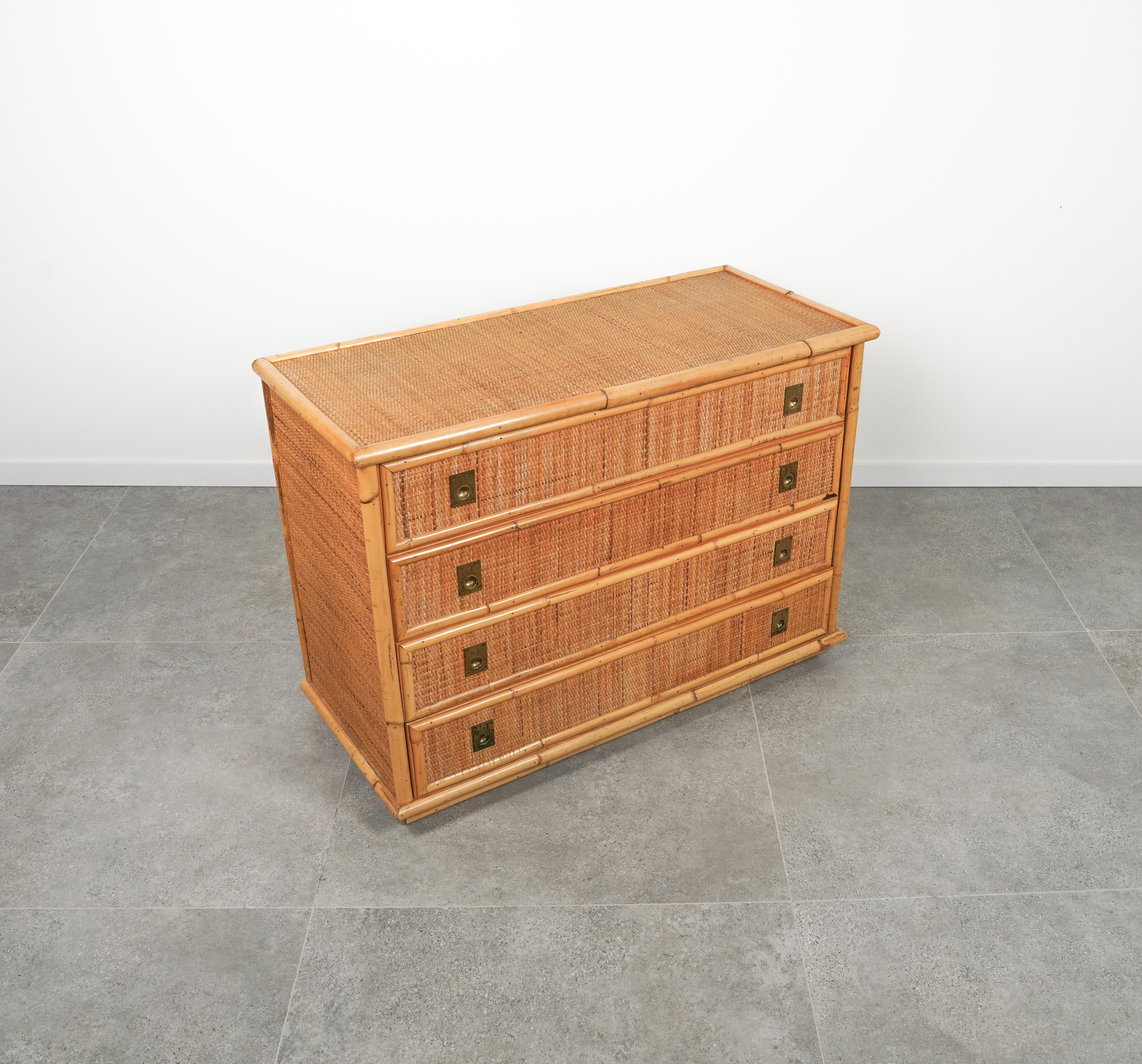 Midcentury Bamboo, Rattan and Brass Chest of Drawers by Dal Vera, Italy, 1970s 6