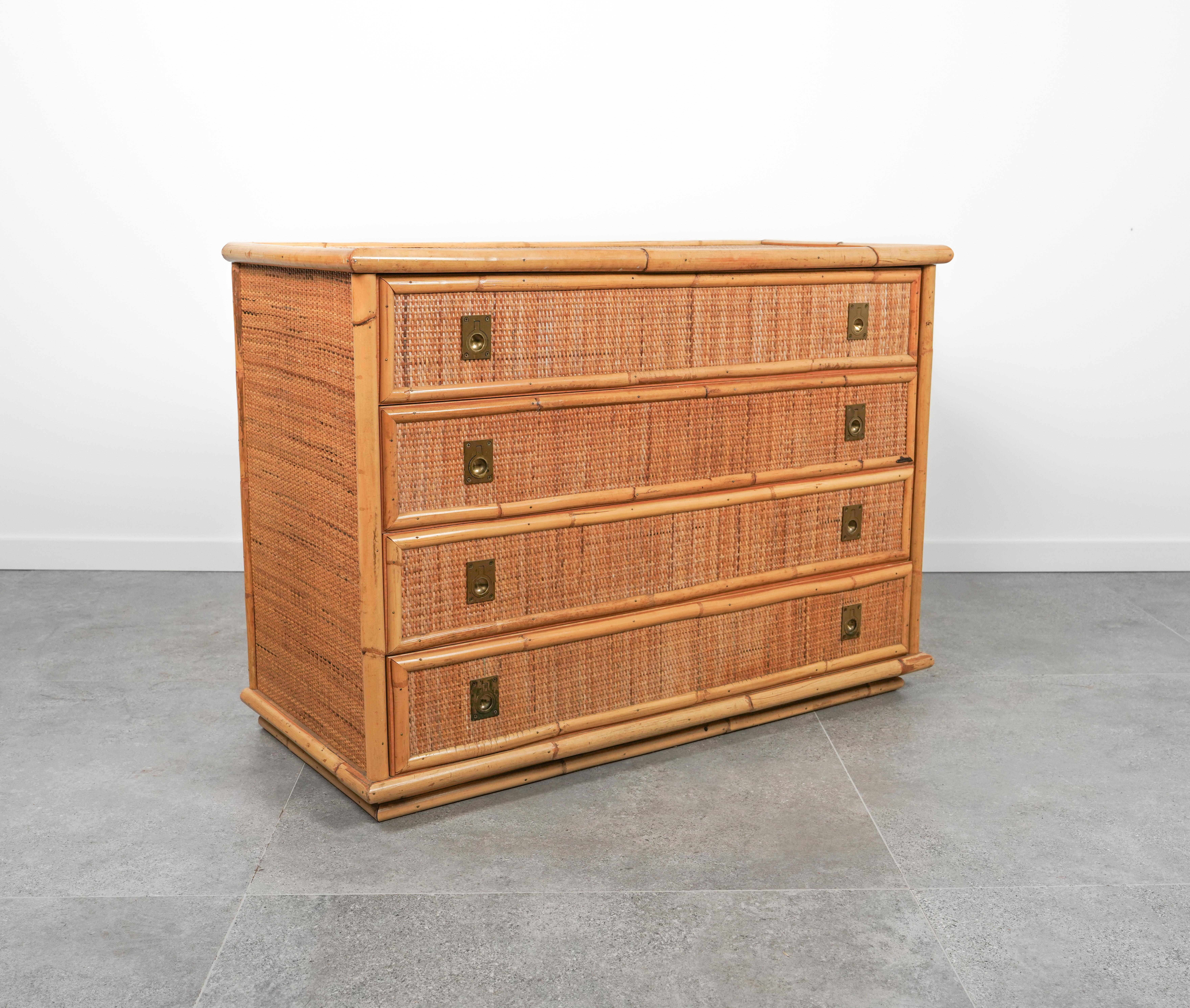 Midcentury Bamboo, Rattan and Brass Chest of Drawers by Dal Vera, Italy, 1970s 7