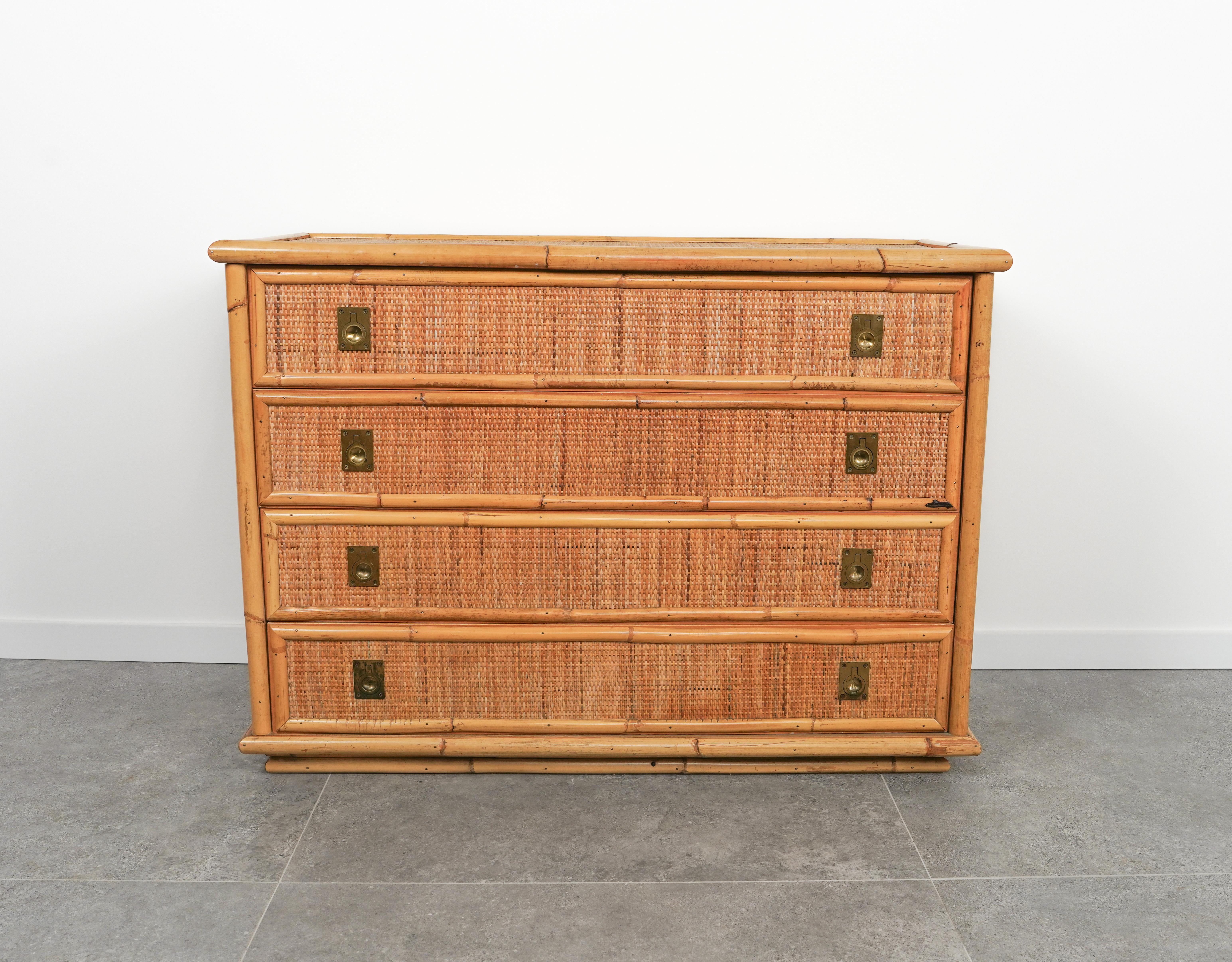 Mid-Century Modern Midcentury Bamboo, Rattan and Brass Chest of Drawers by Dal Vera, Italy, 1970s