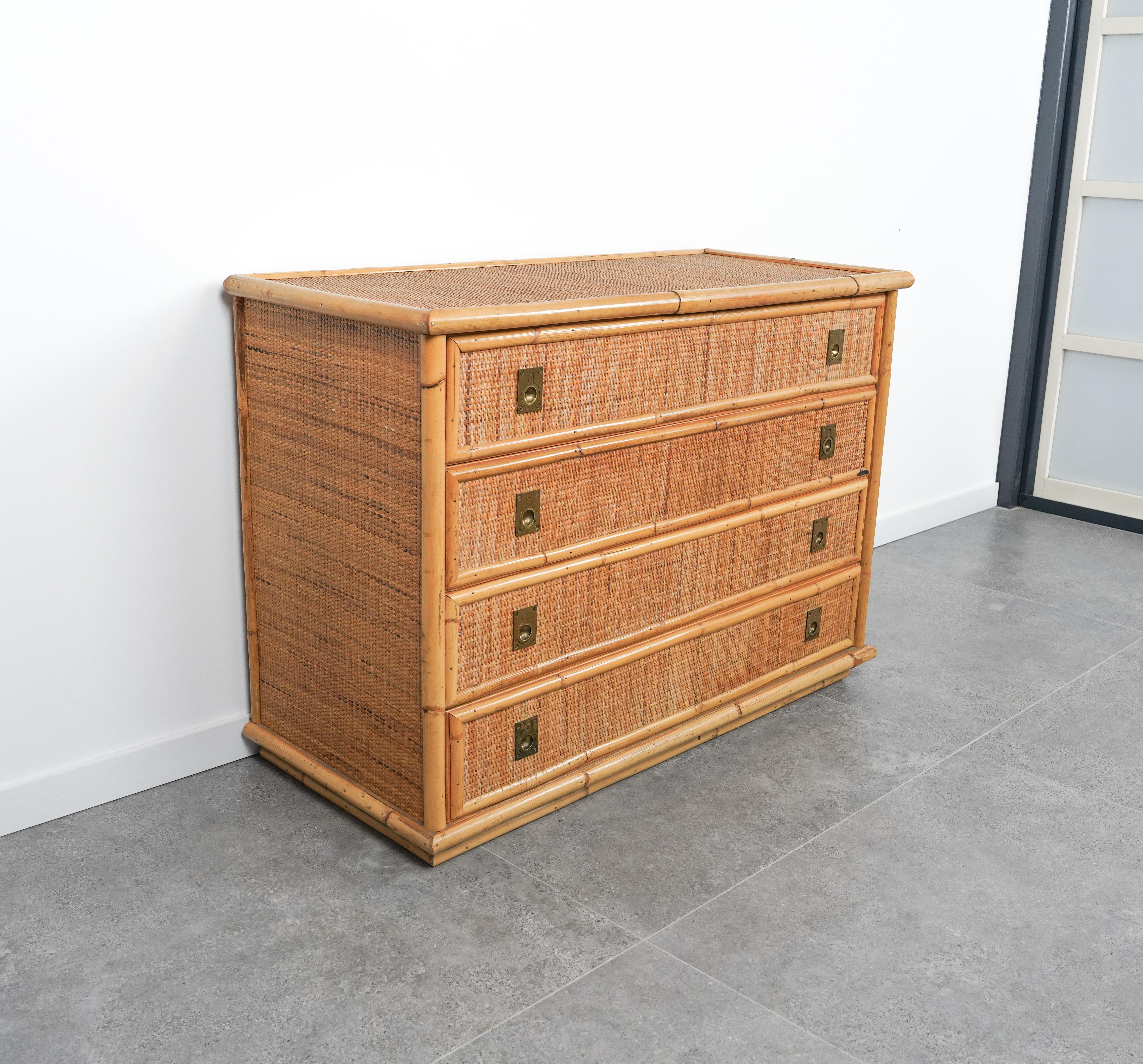 Italian Midcentury Bamboo, Rattan and Brass Chest of Drawers by Dal Vera, Italy, 1970s For Sale