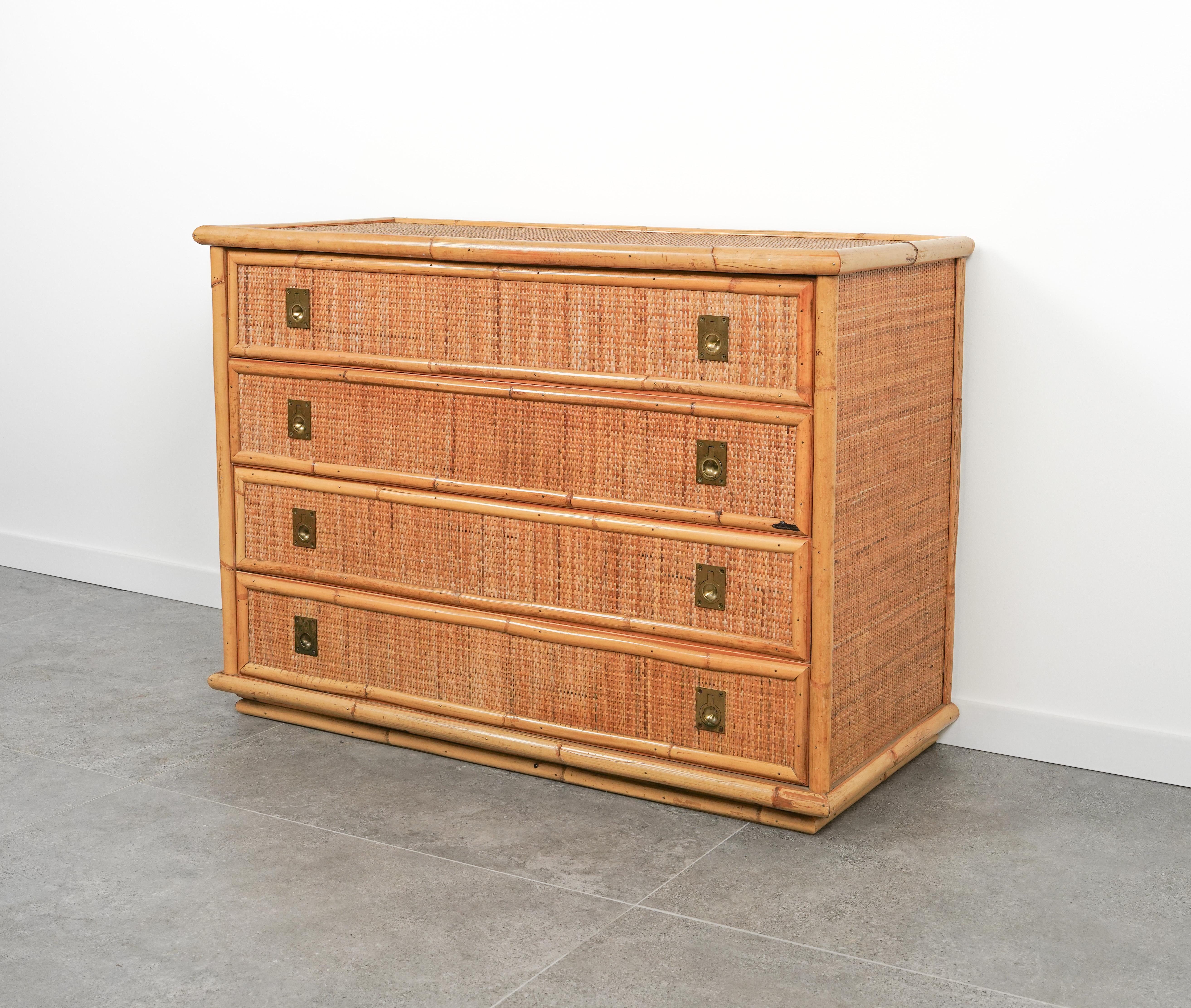 Midcentury Bamboo, Rattan and Brass Chest of Drawers by Dal Vera, Italy, 1970s In Good Condition In Rome, IT