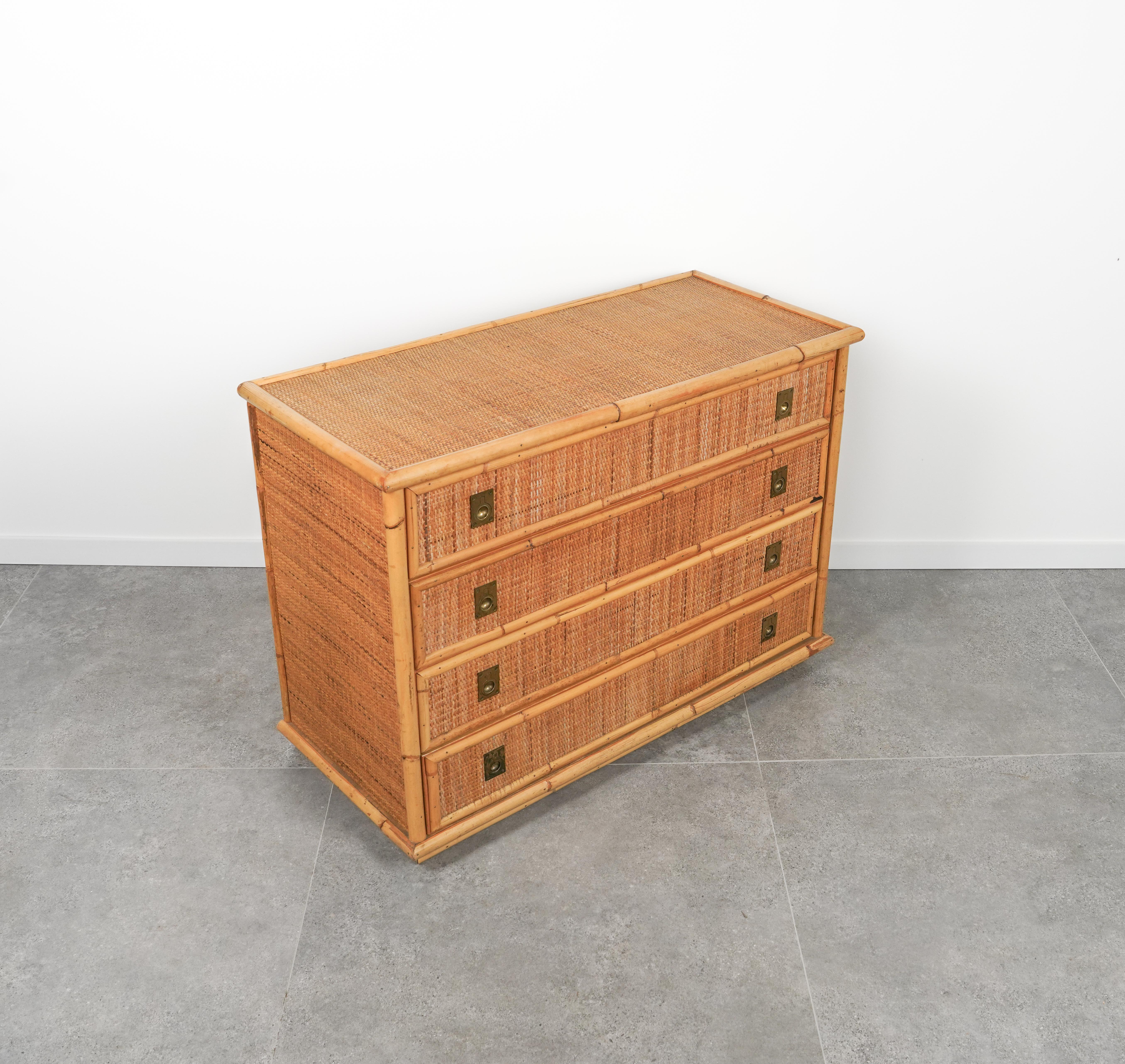 Late 20th Century Midcentury Bamboo, Rattan and Brass Chest of Drawers by Dal Vera, Italy, 1970s For Sale