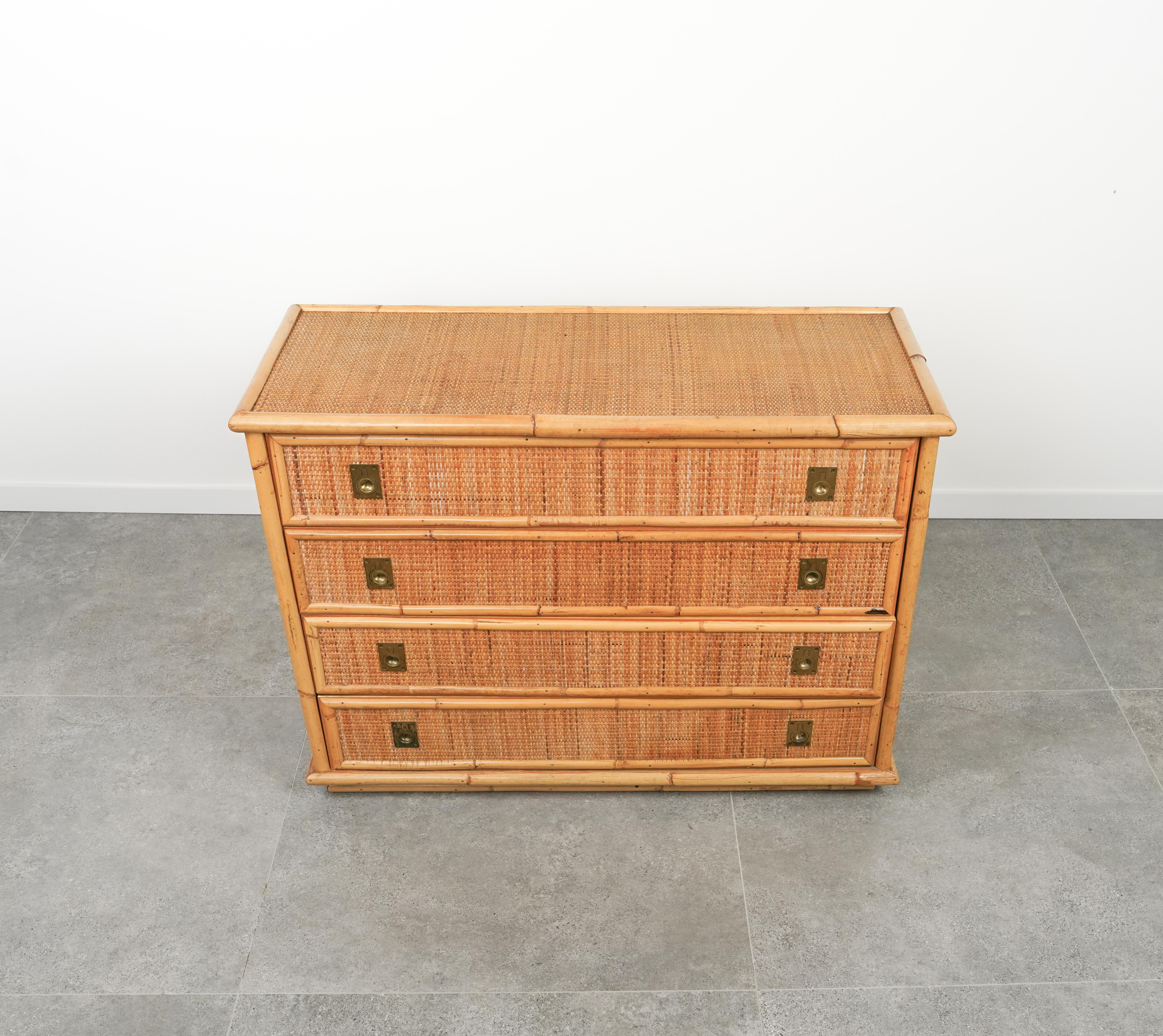Metal Midcentury Bamboo, Rattan and Brass Chest of Drawers by Dal Vera, Italy, 1970s For Sale