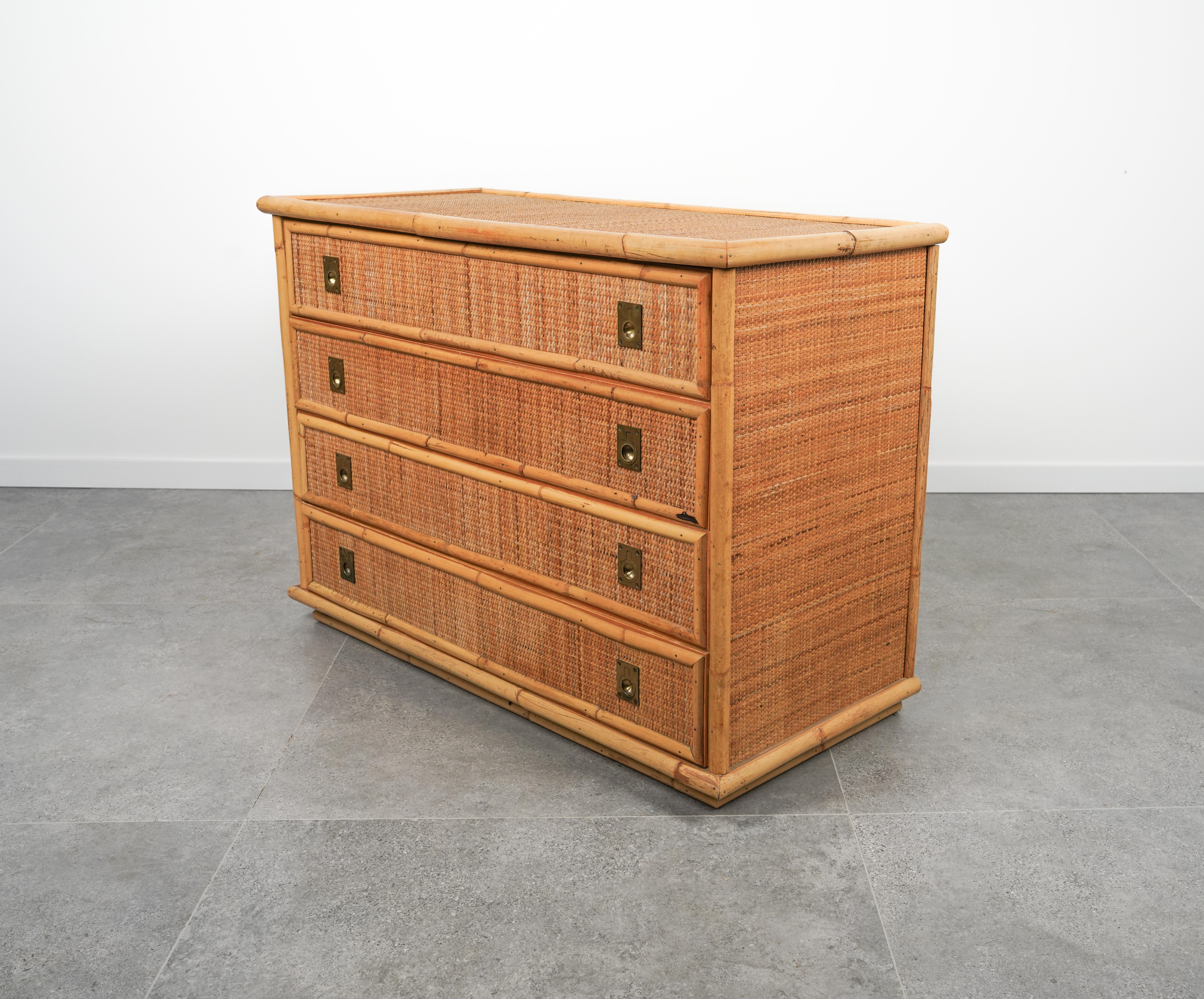 Midcentury Bamboo, Rattan and Brass Chest of Drawers by Dal Vera, Italy, 1970s For Sale 1