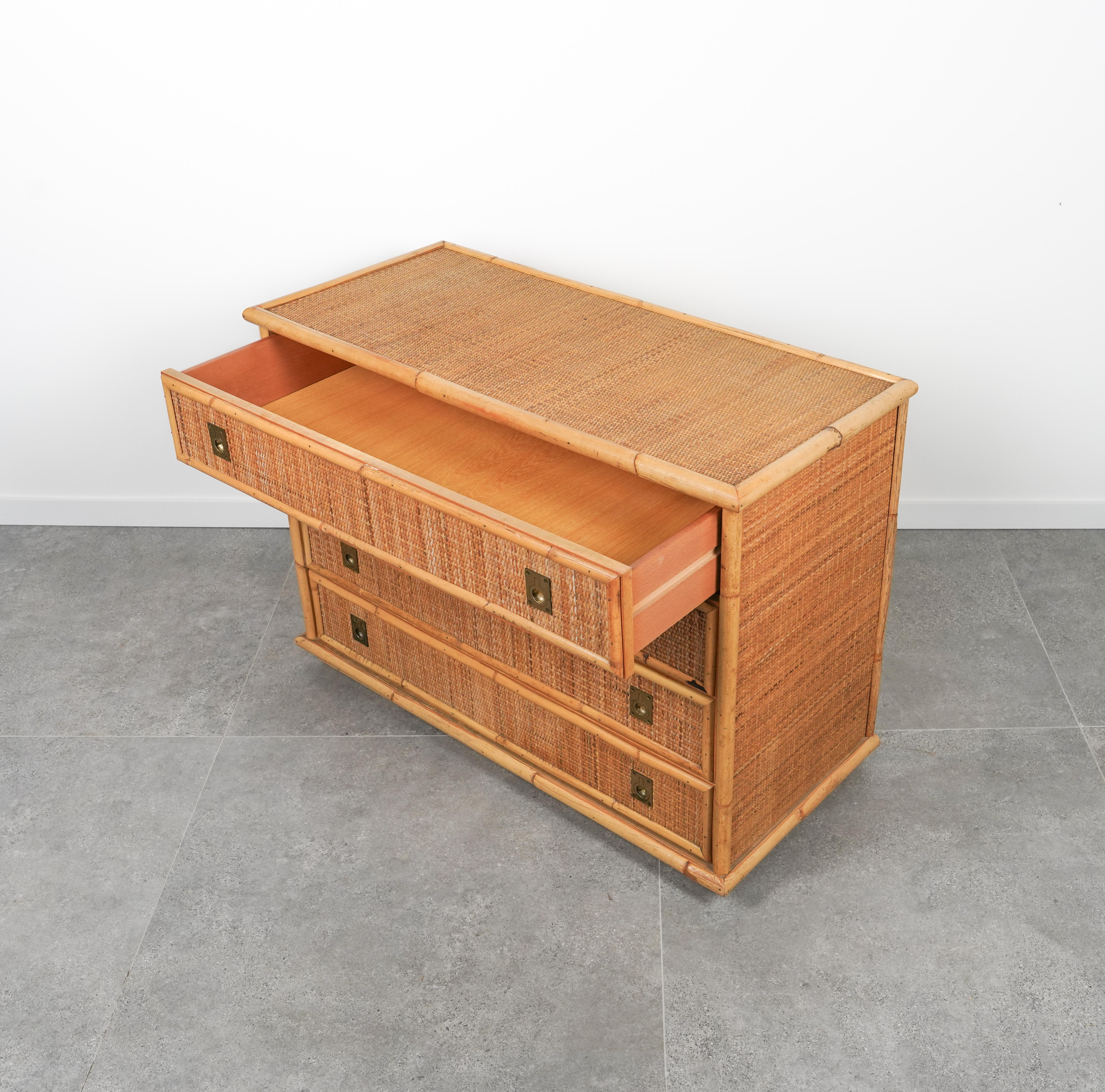 Midcentury Bamboo, Rattan and Brass Chest of Drawers by Dal Vera, Italy, 1970s 2